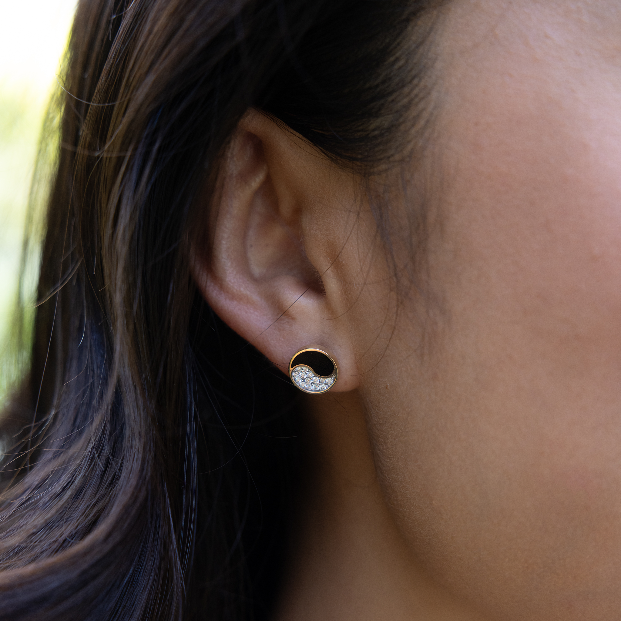 Yin Yang Black Coral Earrings in Gold with Diamonds - 10mm