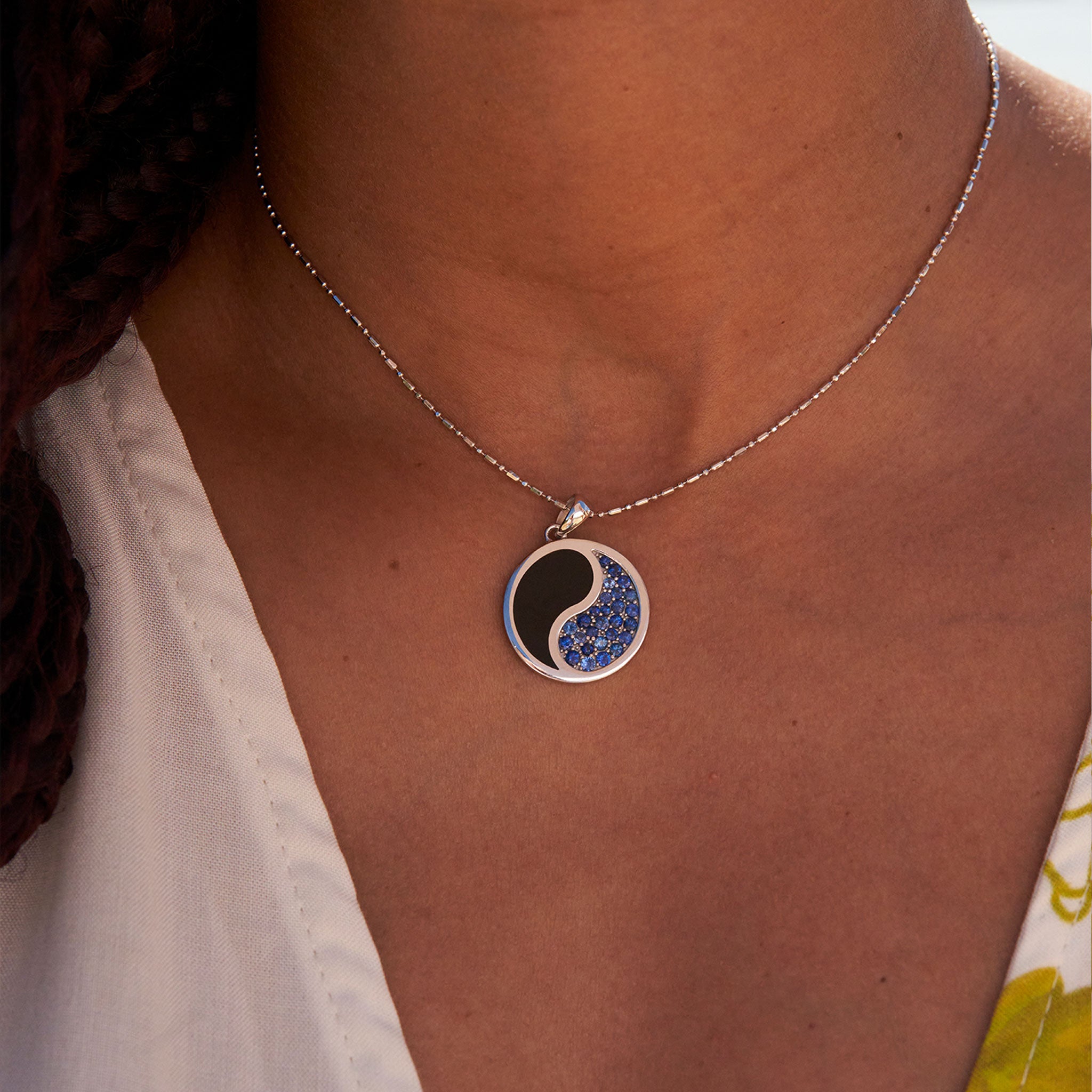 Yin Yang Black Coral Pendant in White Gold with Blue Sapphires - 22mm