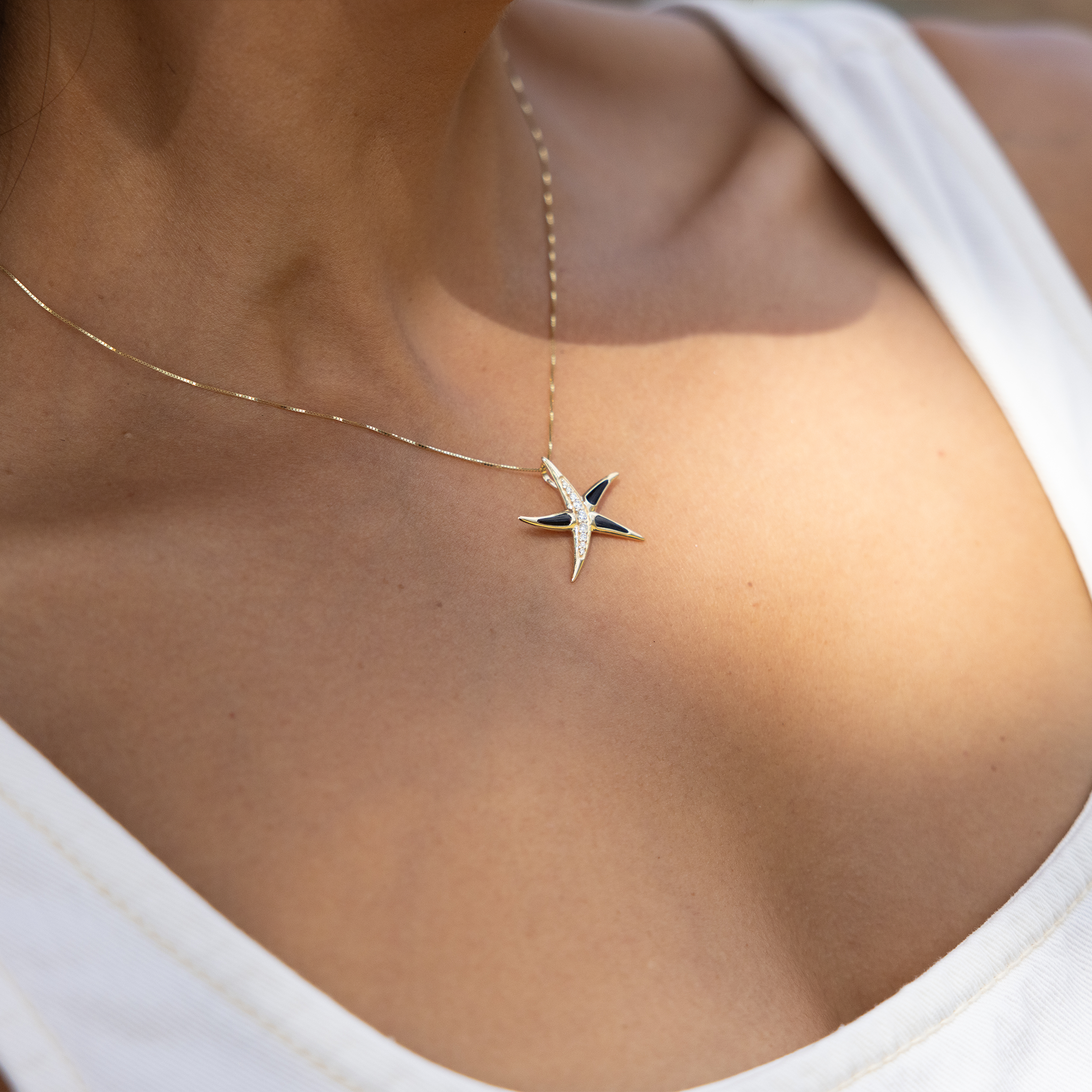 Sealife Starfish Black Coral Pendant in Gold with Diamonds - 21mm