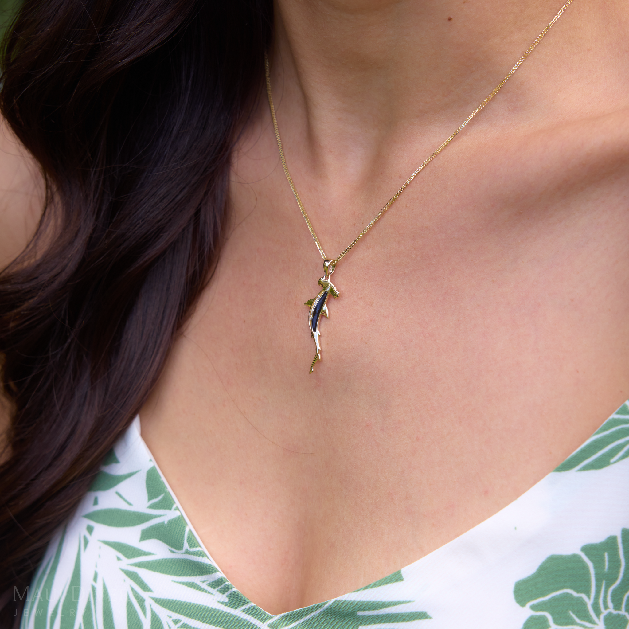 Sealife Hammerhead Shark Black Coral Pendant in Gold with Diamonds - 34mm