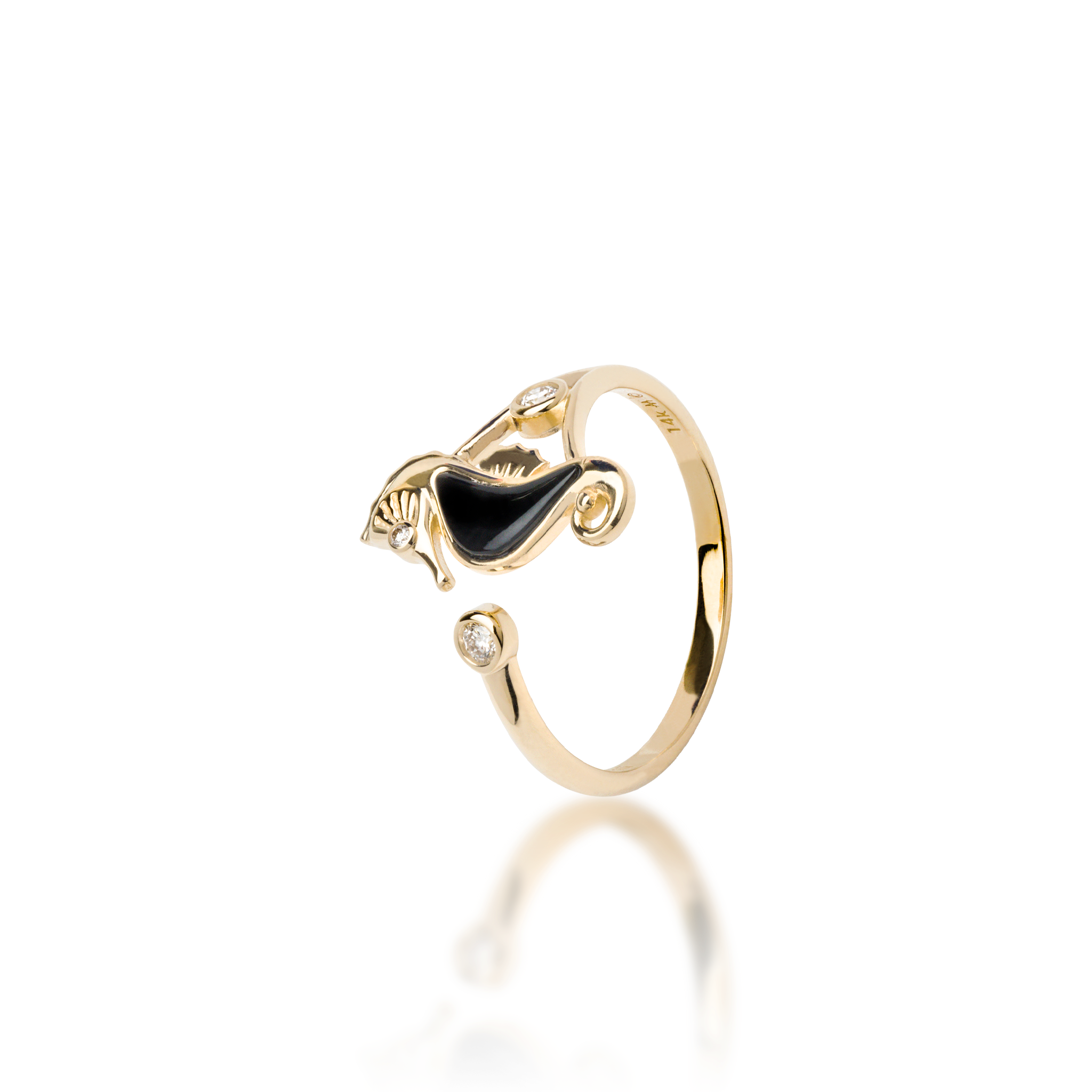 Sealife Seahorse Black Coral Ring in Gold with Diamonds - 15mm