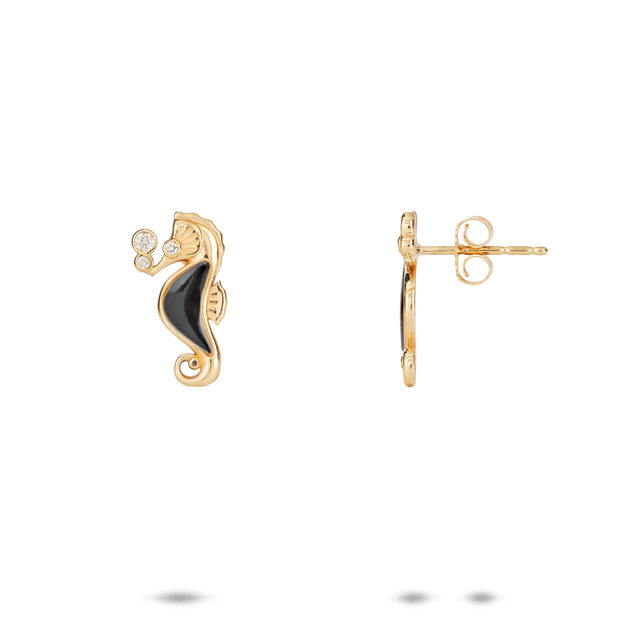 Sealife Seahorse Black Coral Earrings in Gold with Diamonds - 15mm