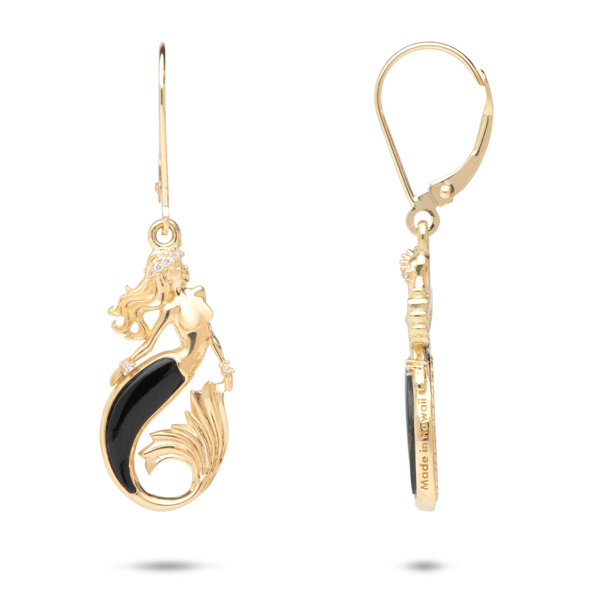 Sealife Mermaid Black Coral Earrings in Gold with Diamonds - 24mm