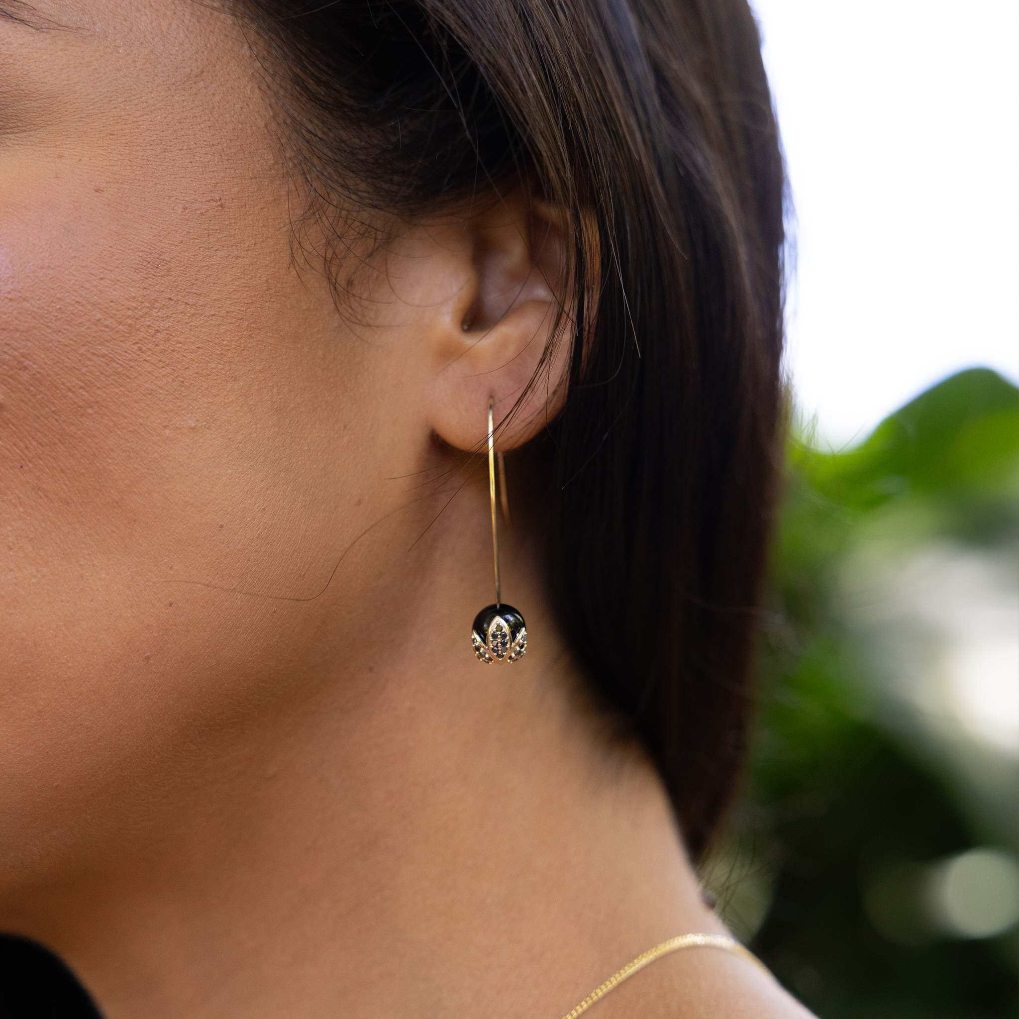 Night Blossom Black Coral Earrings in Gold with Black Diamonds