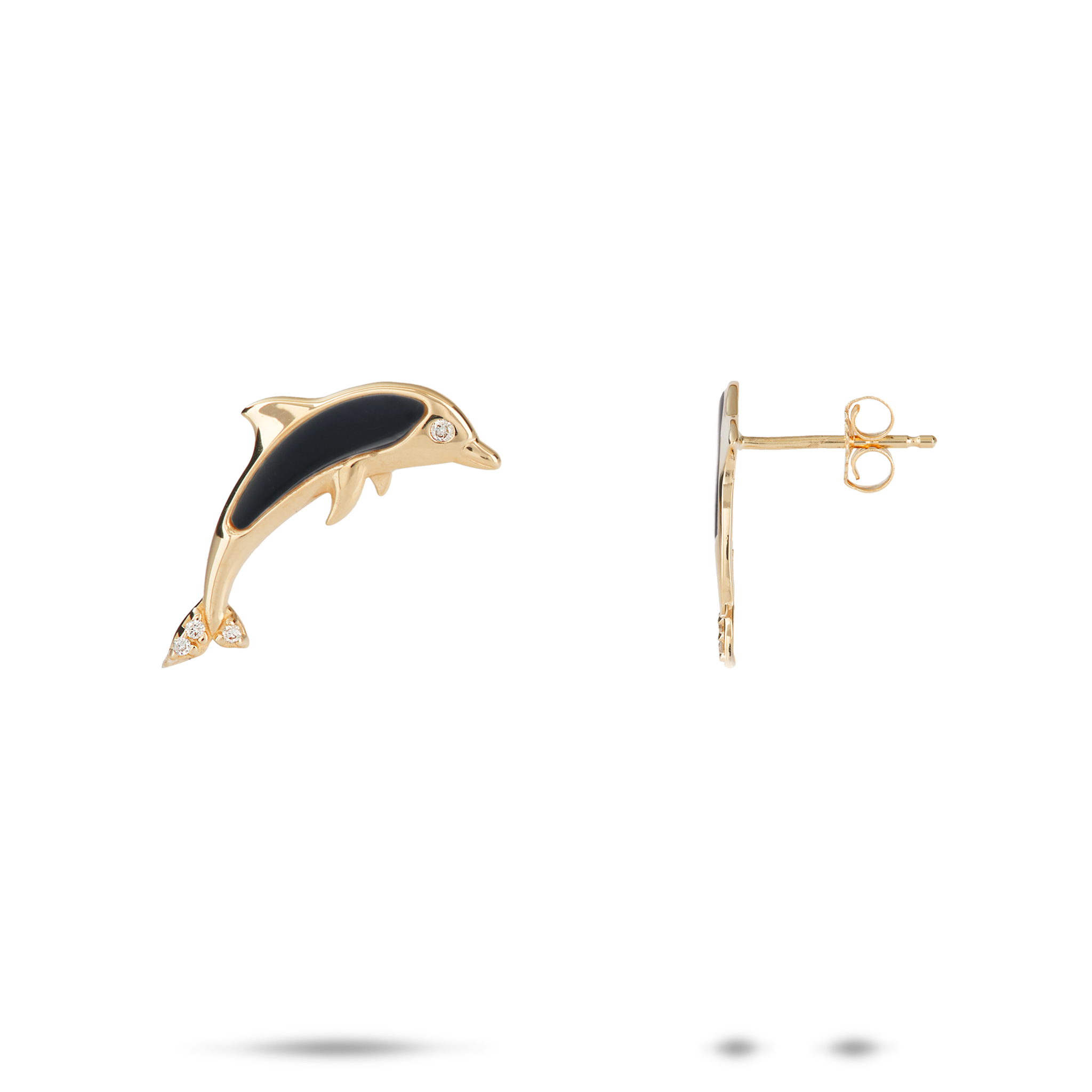 Sealife Dolphin Black Coral Earrings in Gold with Diamonds