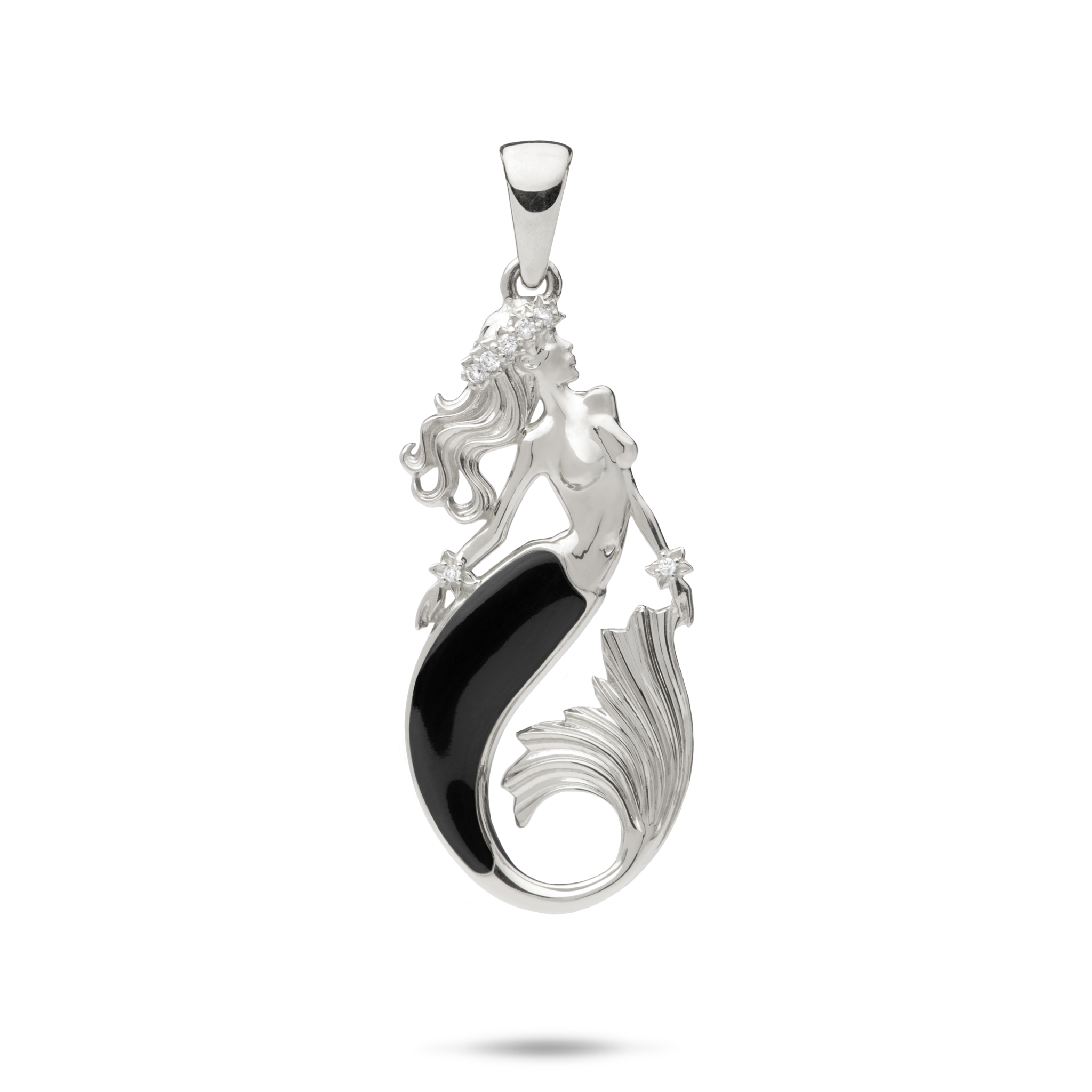 Sealife Mermaid Black Coral Pendant in White Gold with Diamonds - 30mm