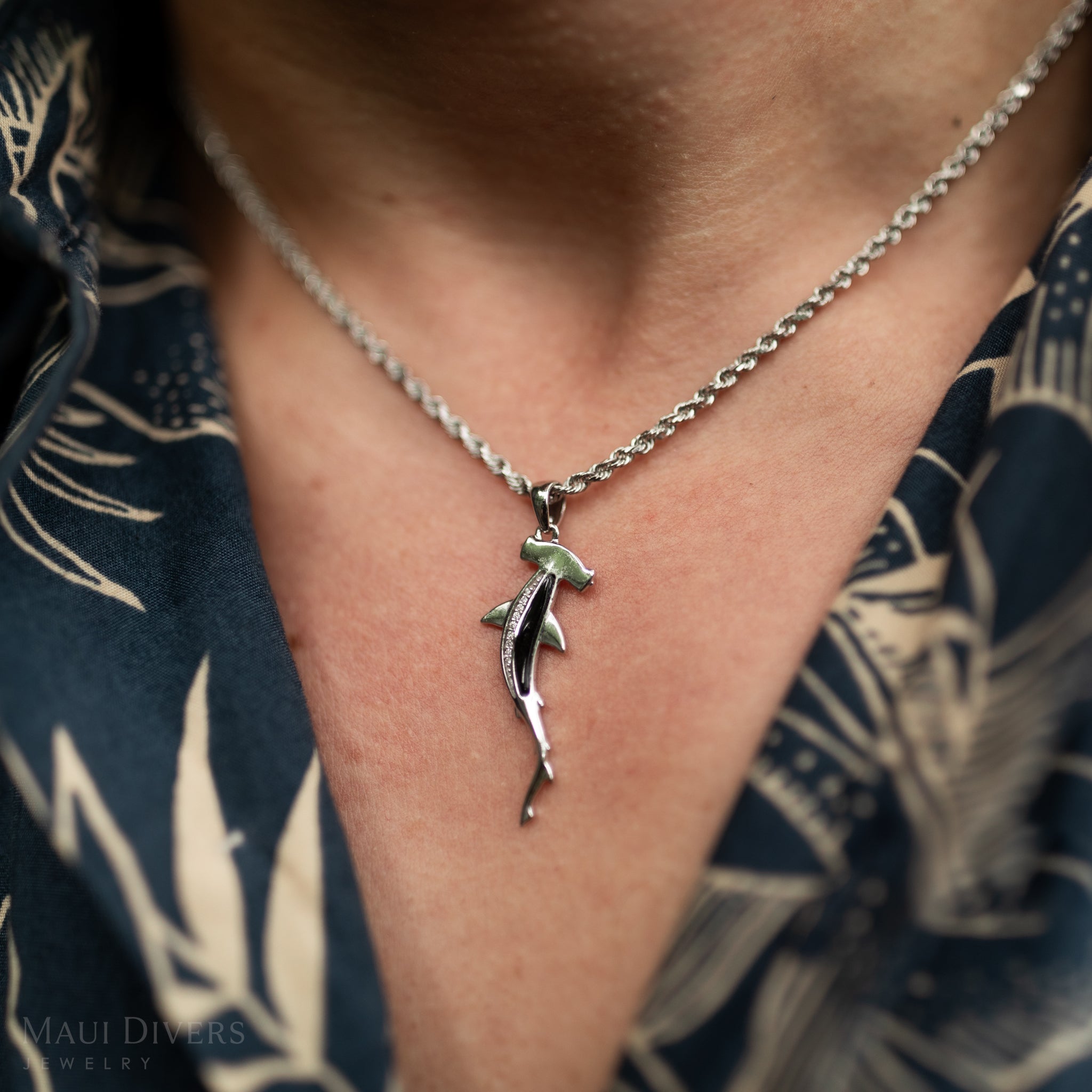 Sealife Hammerhead Shark Black Coral Pendant in White Gold with Diamonds - 34mm
