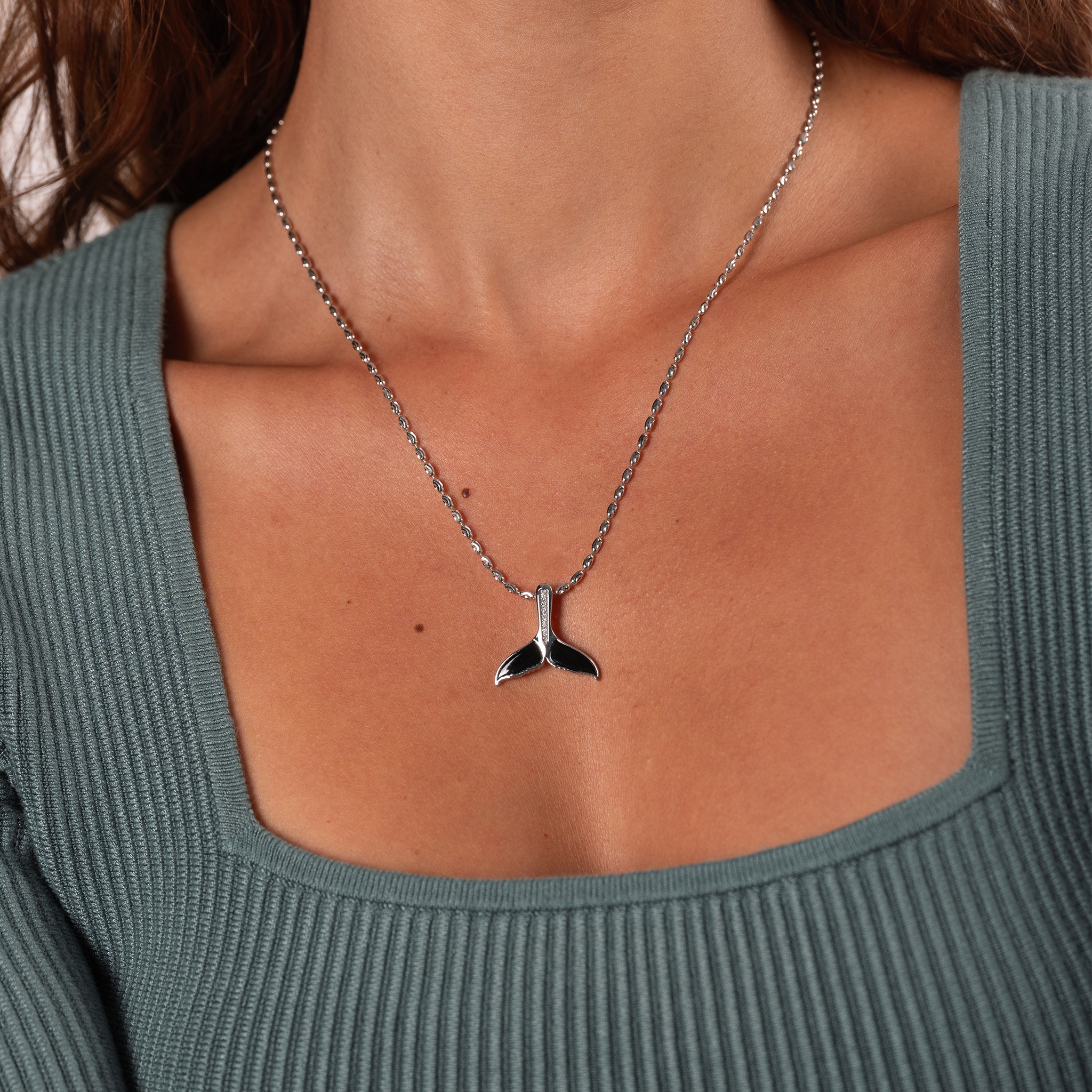 Sealife Whale Tail Black Coral Pendant in White Gold with Diamonds - 22mm