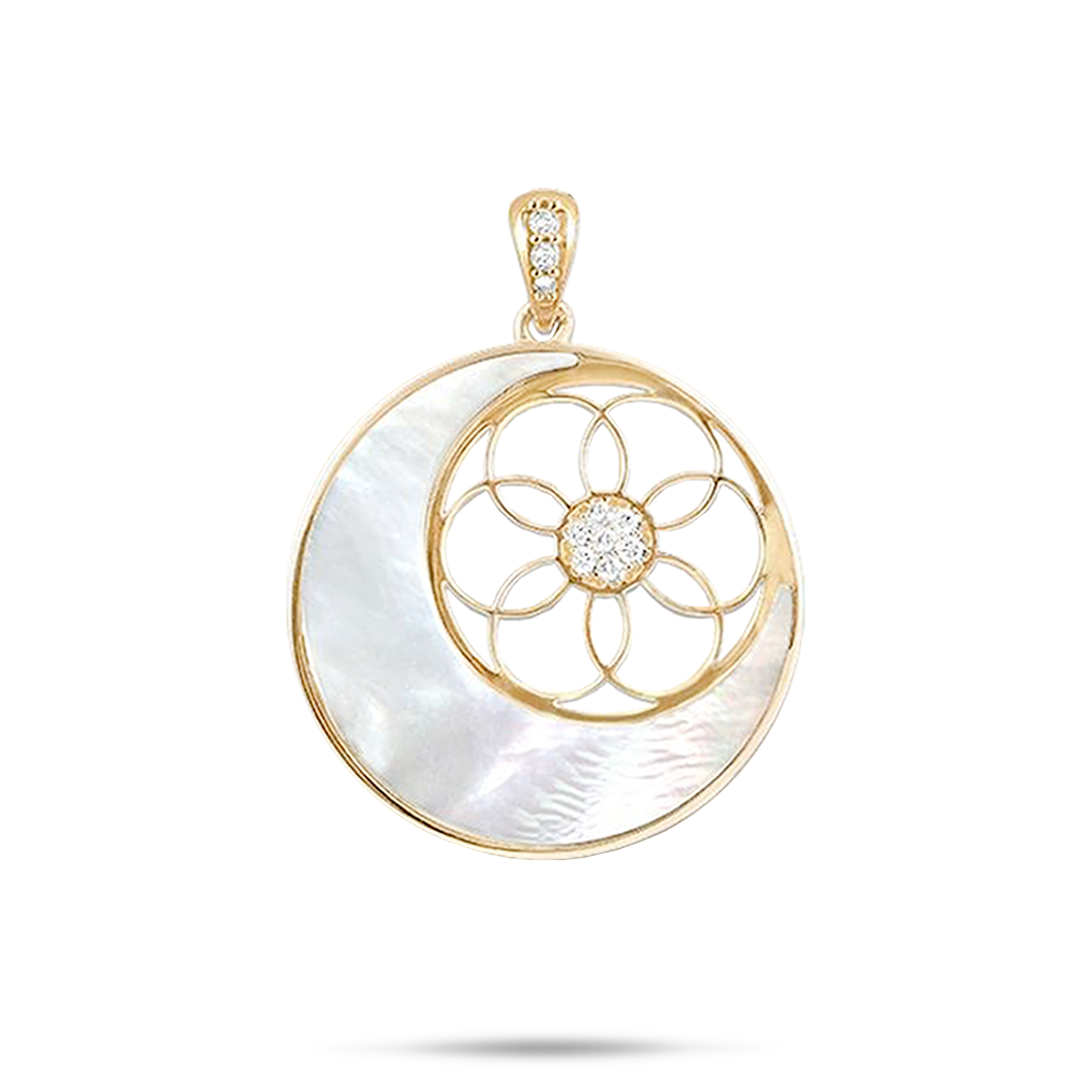 Moon & Protea Star Perlmutt-Anhänger in Gold mit Diamanten – 25 mm