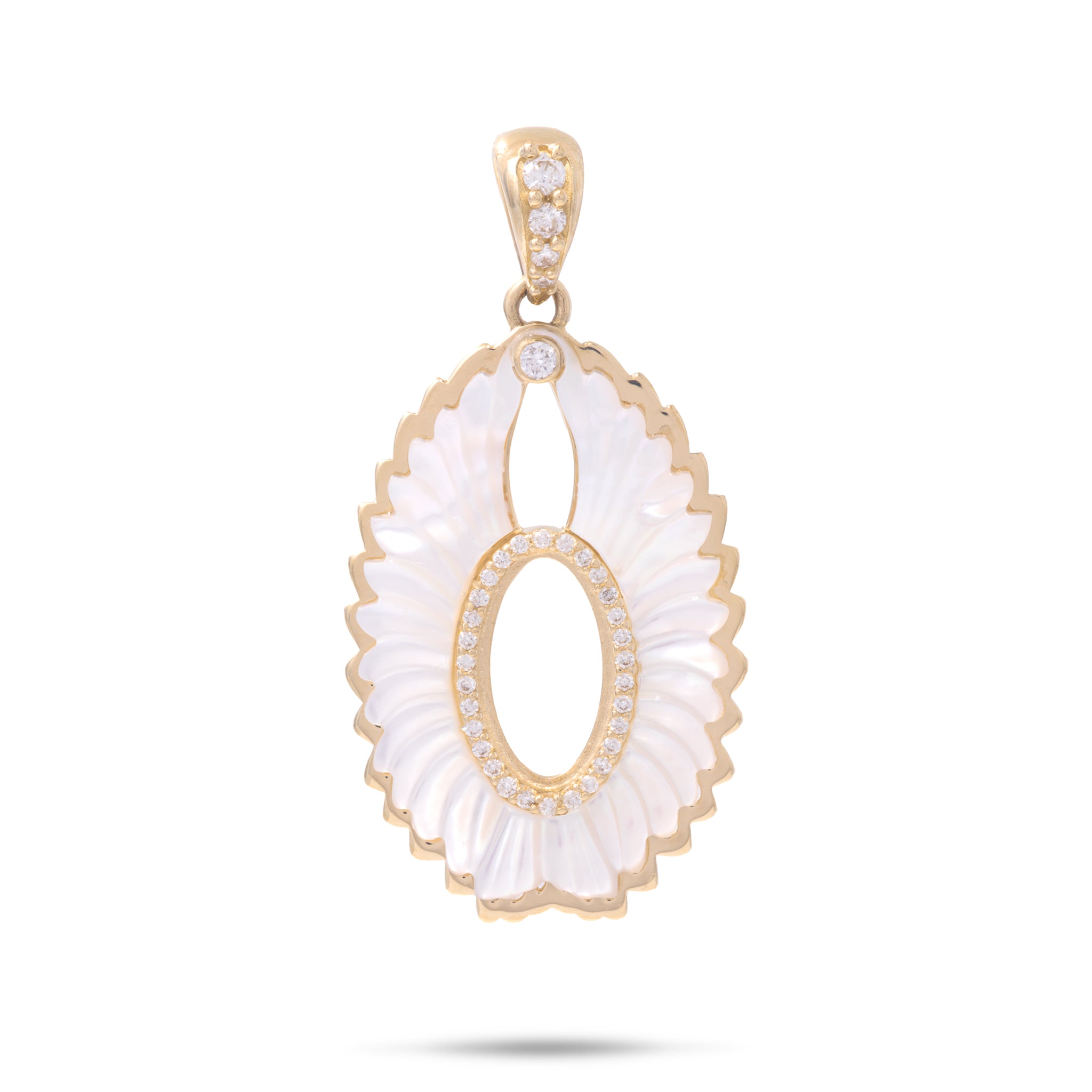 28mm Pueo (Owl) Mother of Pearl Pendant in Gold with Diamonds on white background