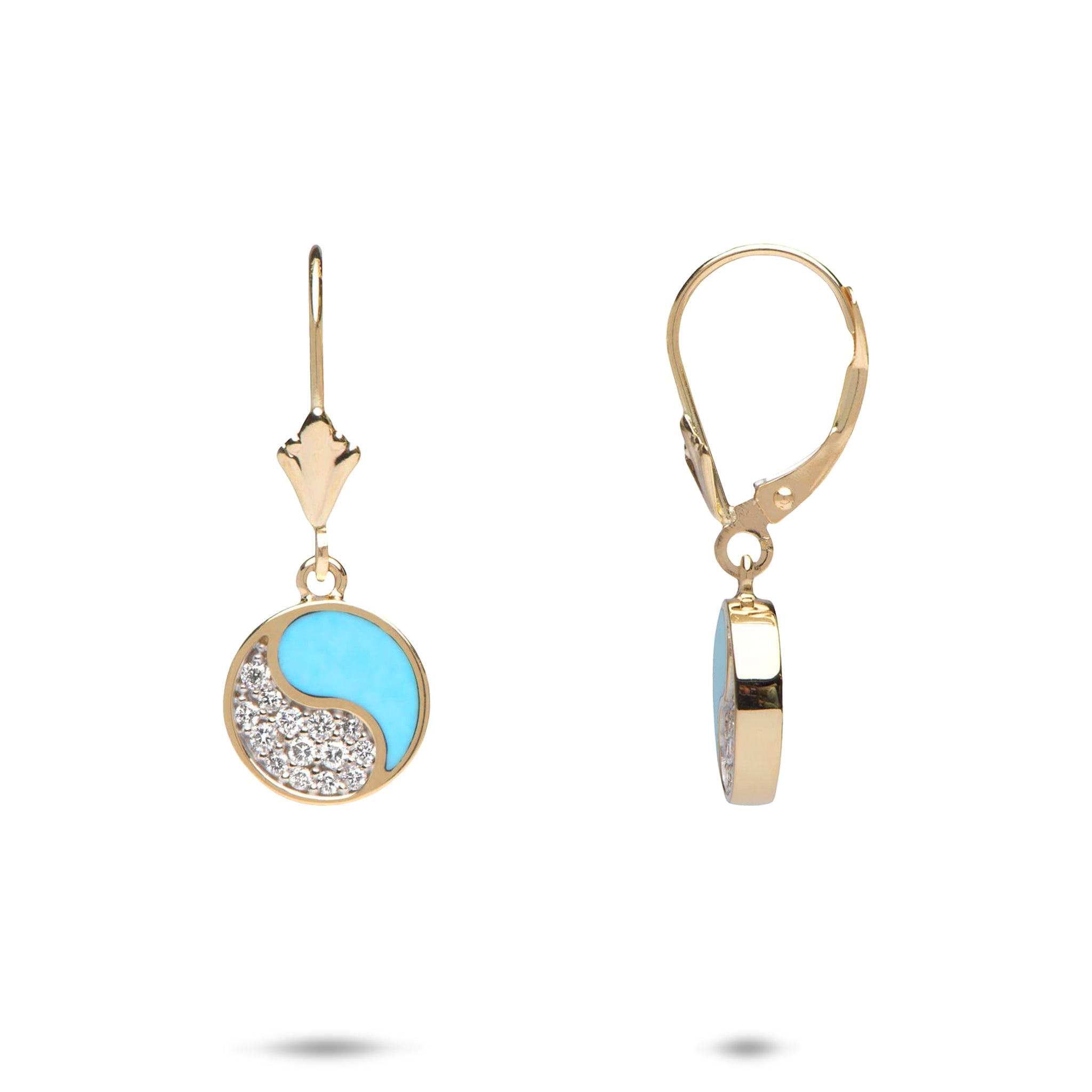Yin Yang Turquoise Earrings in Gold with Diamonds - 10mm