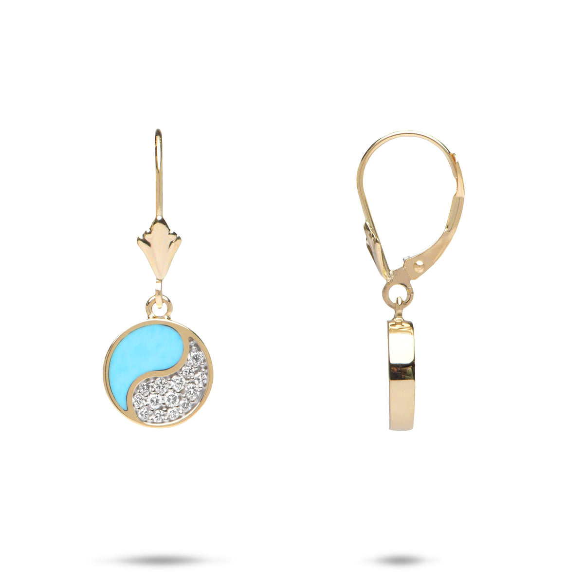 A pair of 14k gold leverback earrings featuring a circular 10mm Yin Yang symbol with a turquoise half and a pavé-set diamond half with white gold prongs, one showing the front view and the other showing the side view, displayed on a white background.