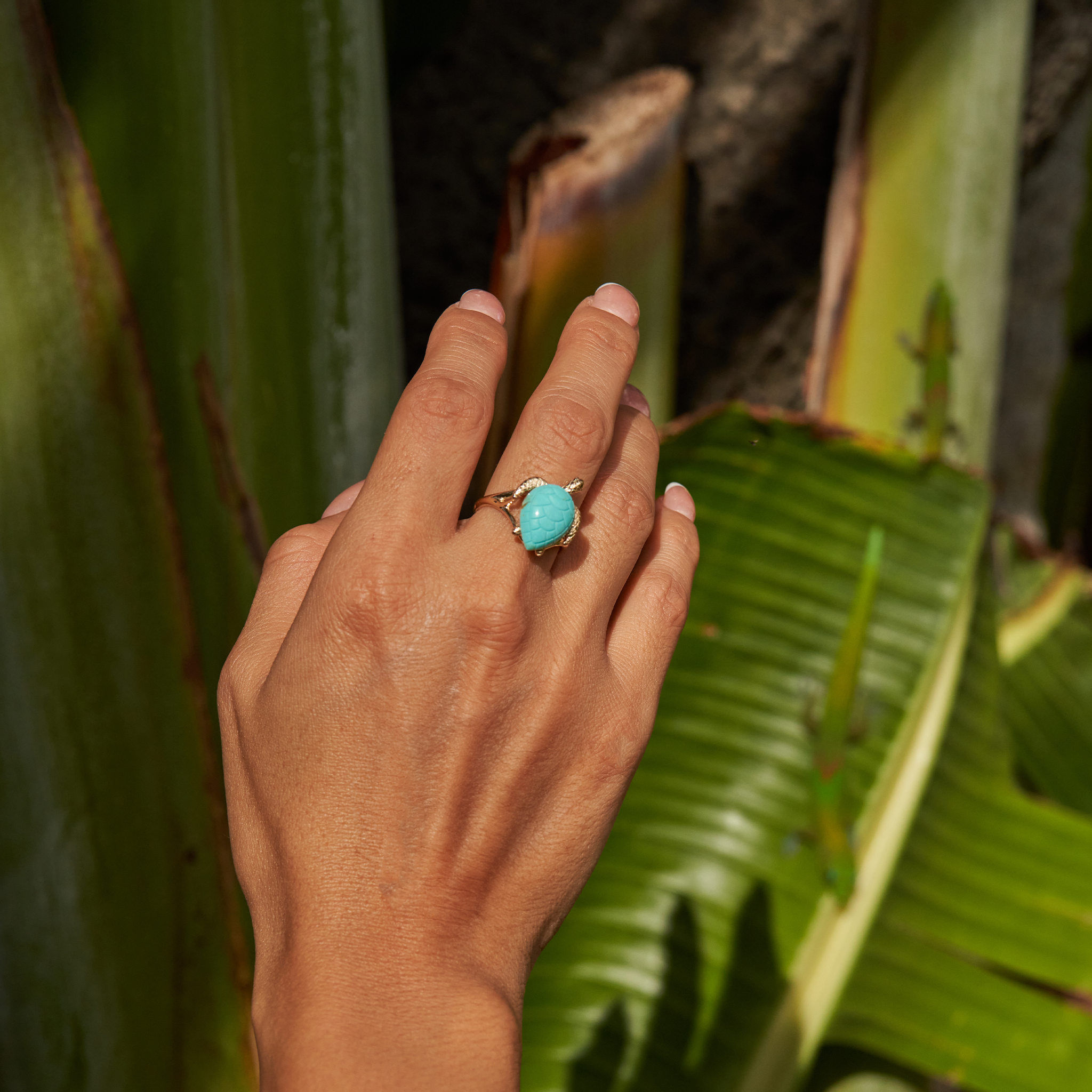 Hand against greenery wearing Honu Turquoise Ring in Gold