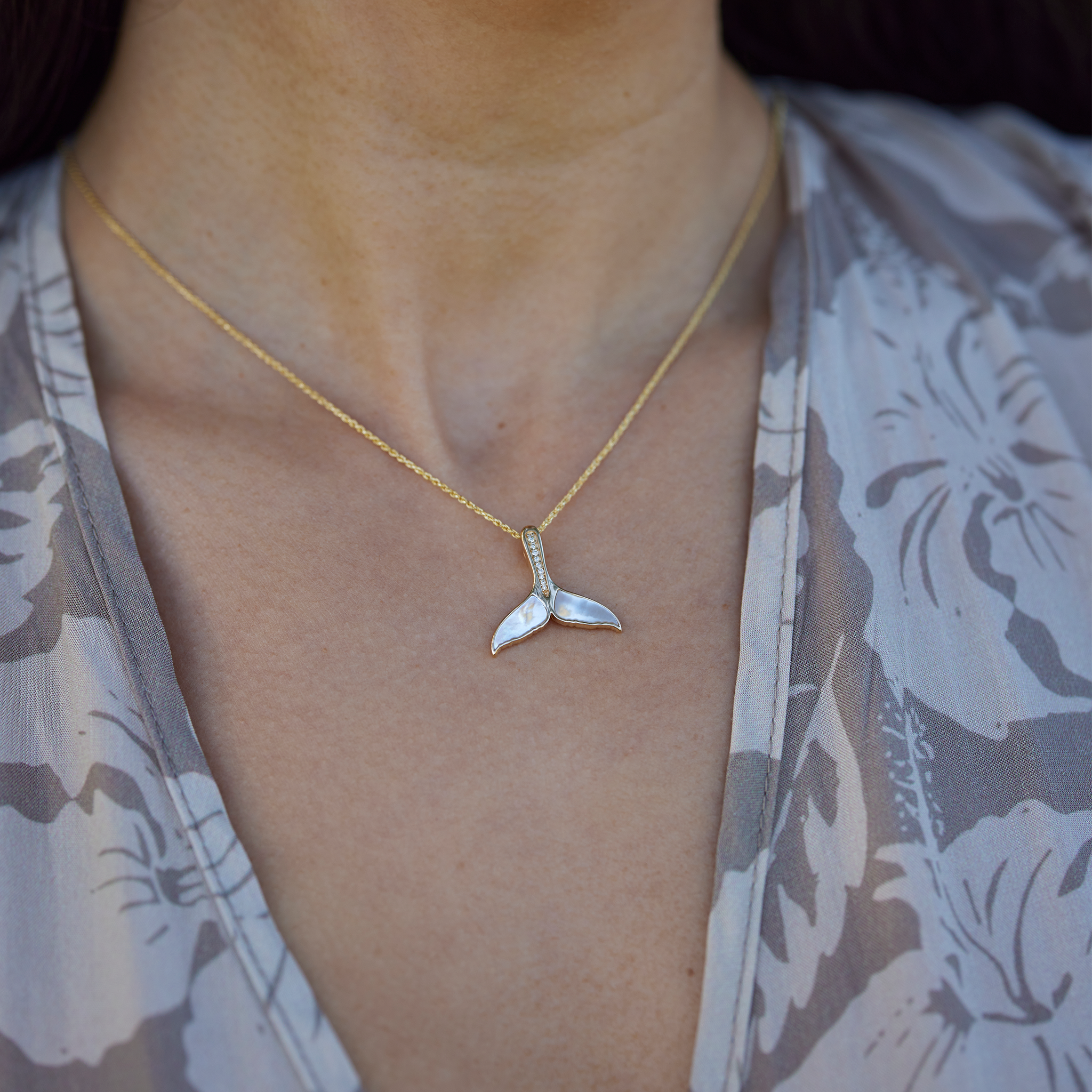 Sealife Whale Tail Mother of Pearl Pendant in Gold with Diamonds - 22mm