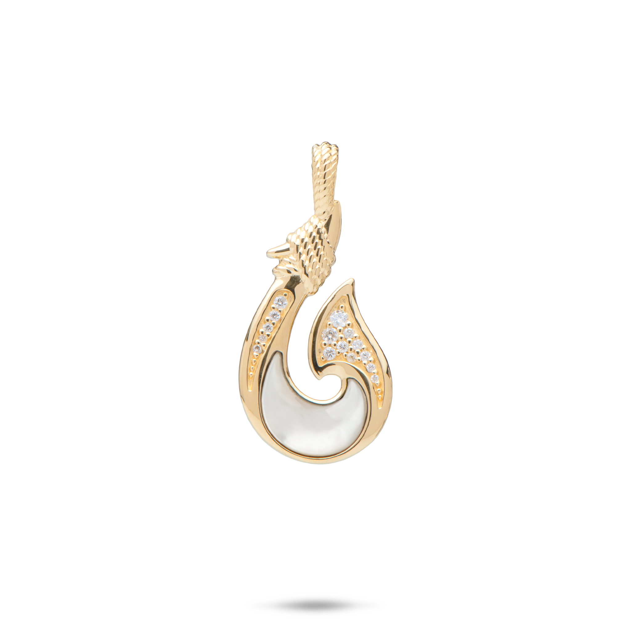 Sealife Fish Hook Mother of Pearl Pendant in Gold with Diamonds - 27mm