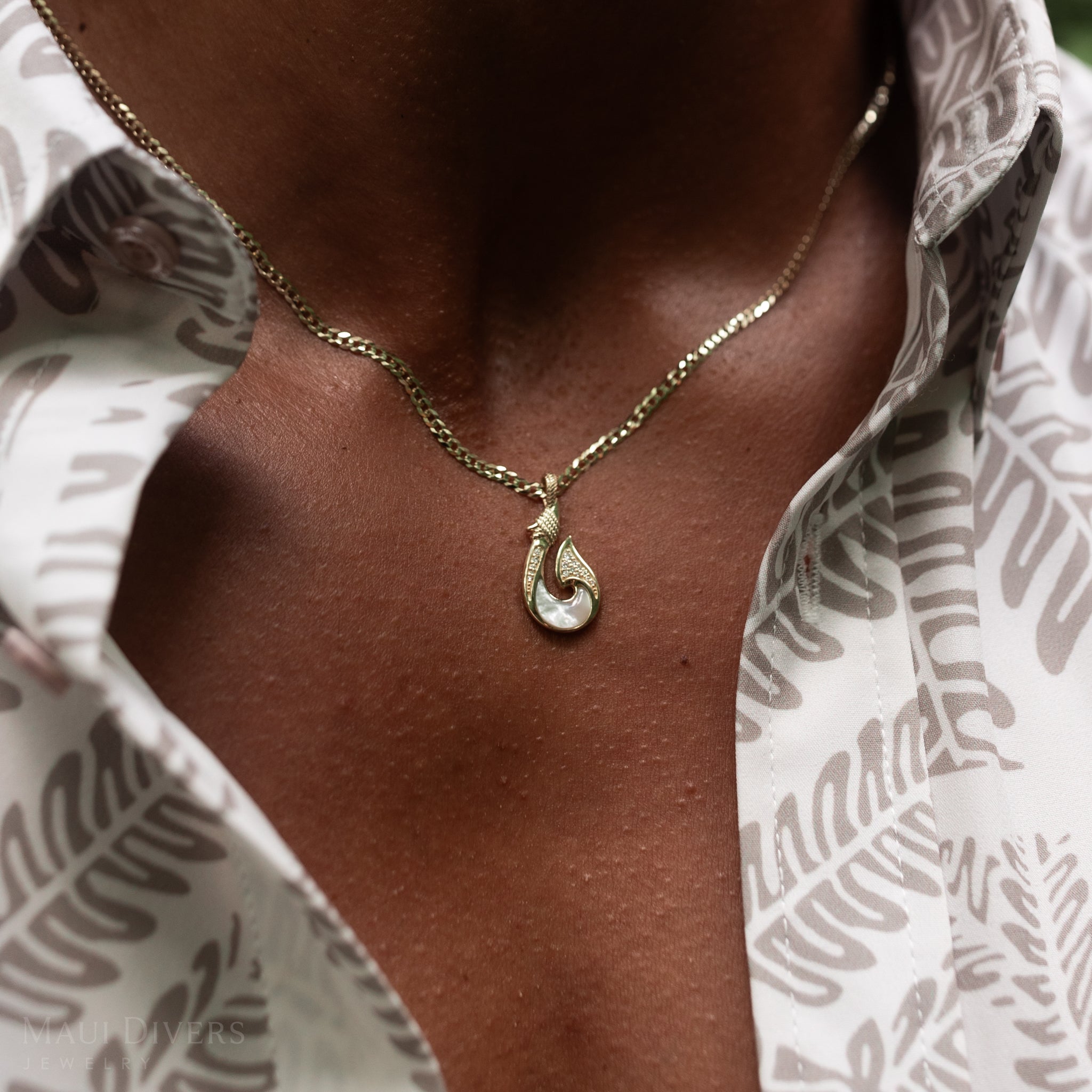 Sealife Fish Hook Mother of Pearl Pendant in Gold with Diamonds - 27mm