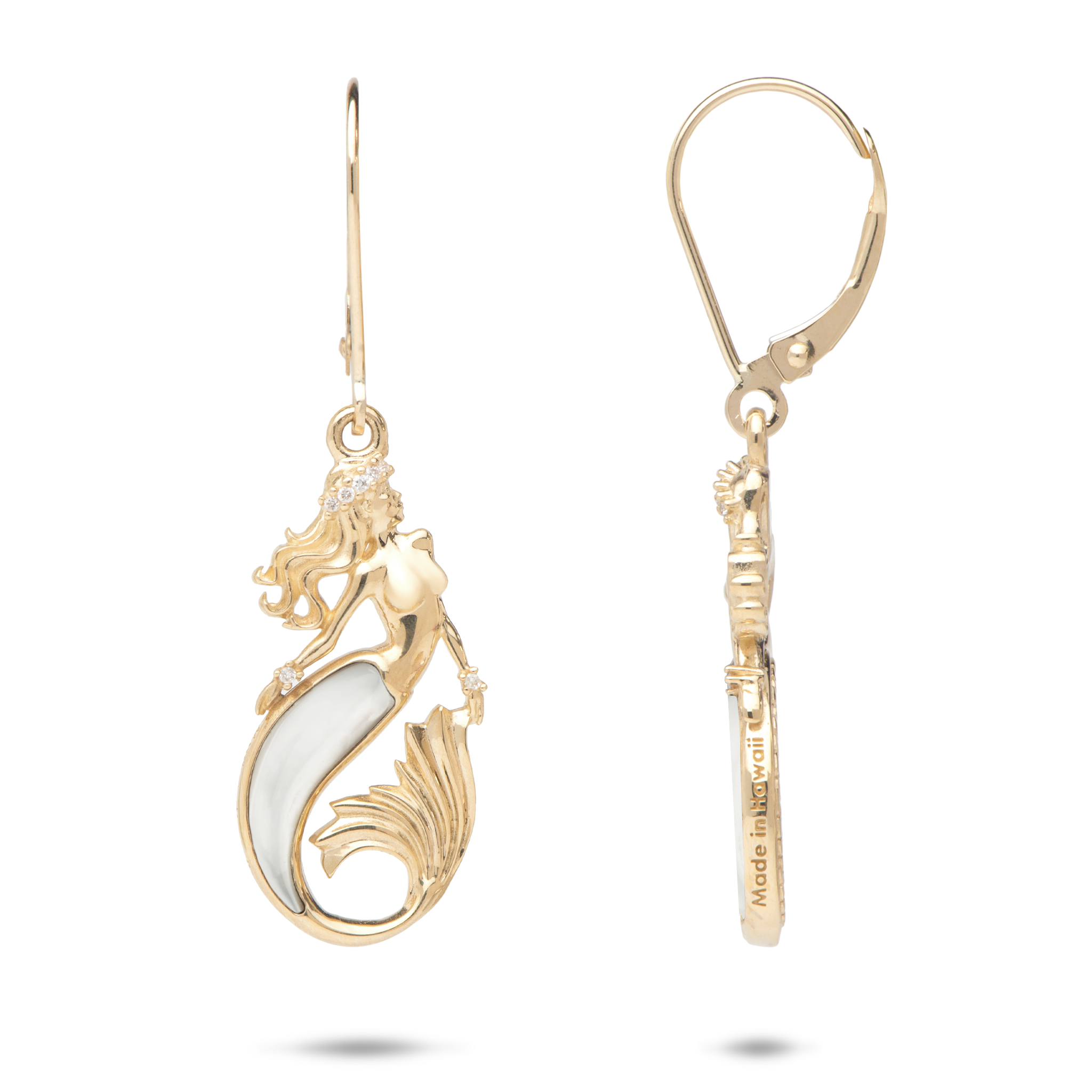 Sealife Mermaid Perlmutt-Ohrringe in Gold mit Diamanten – 24 mm