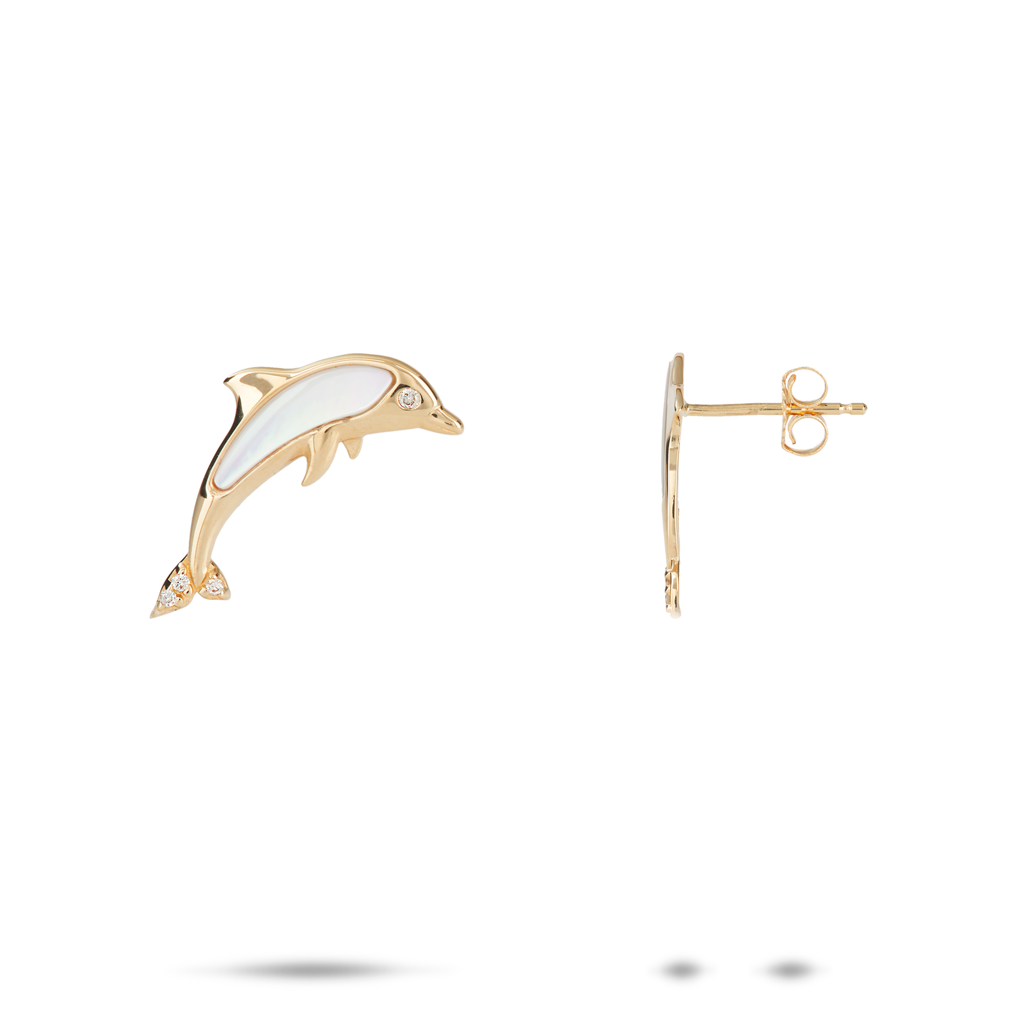 Sealife Dolphin Mother of Pearl Earrings in Gold with Diamonds
