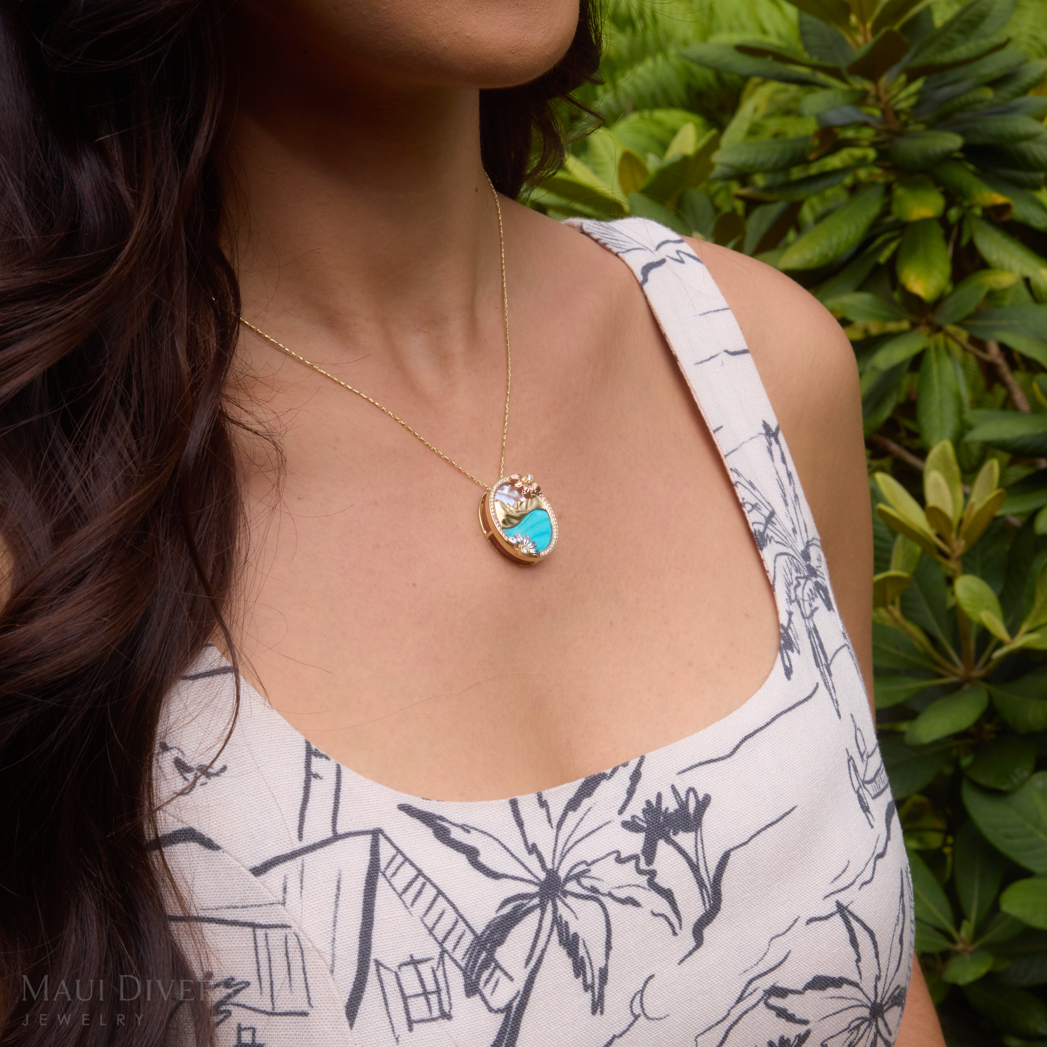 Beach & Mountain Naupaka Turquoise & Mother of Pearl Pendant in Tri Color Gold with Diamonds