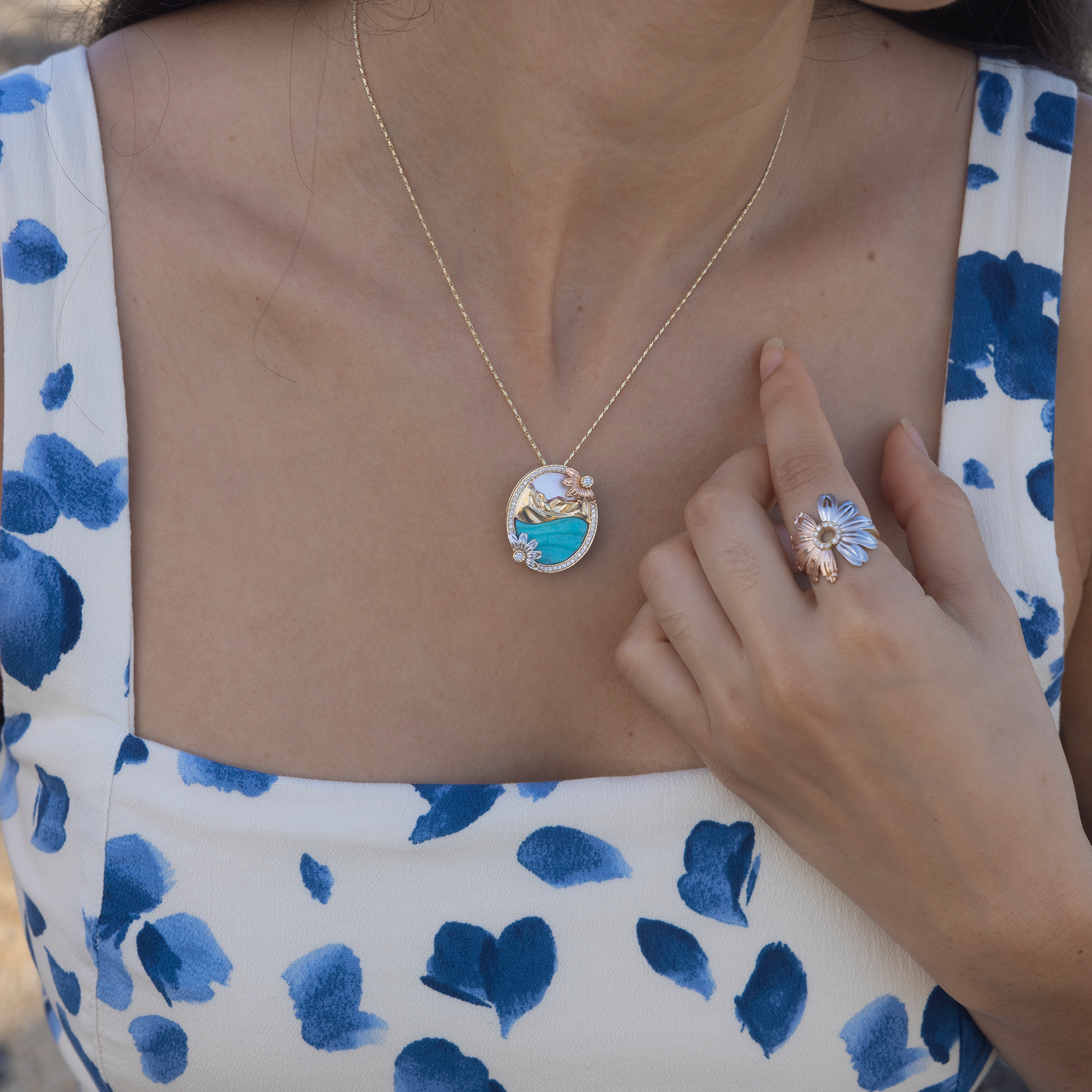 Beach & Mountain Naupaka Turquoise & Mother of Pearl Pendant in Tri Color Gold with Diamonds