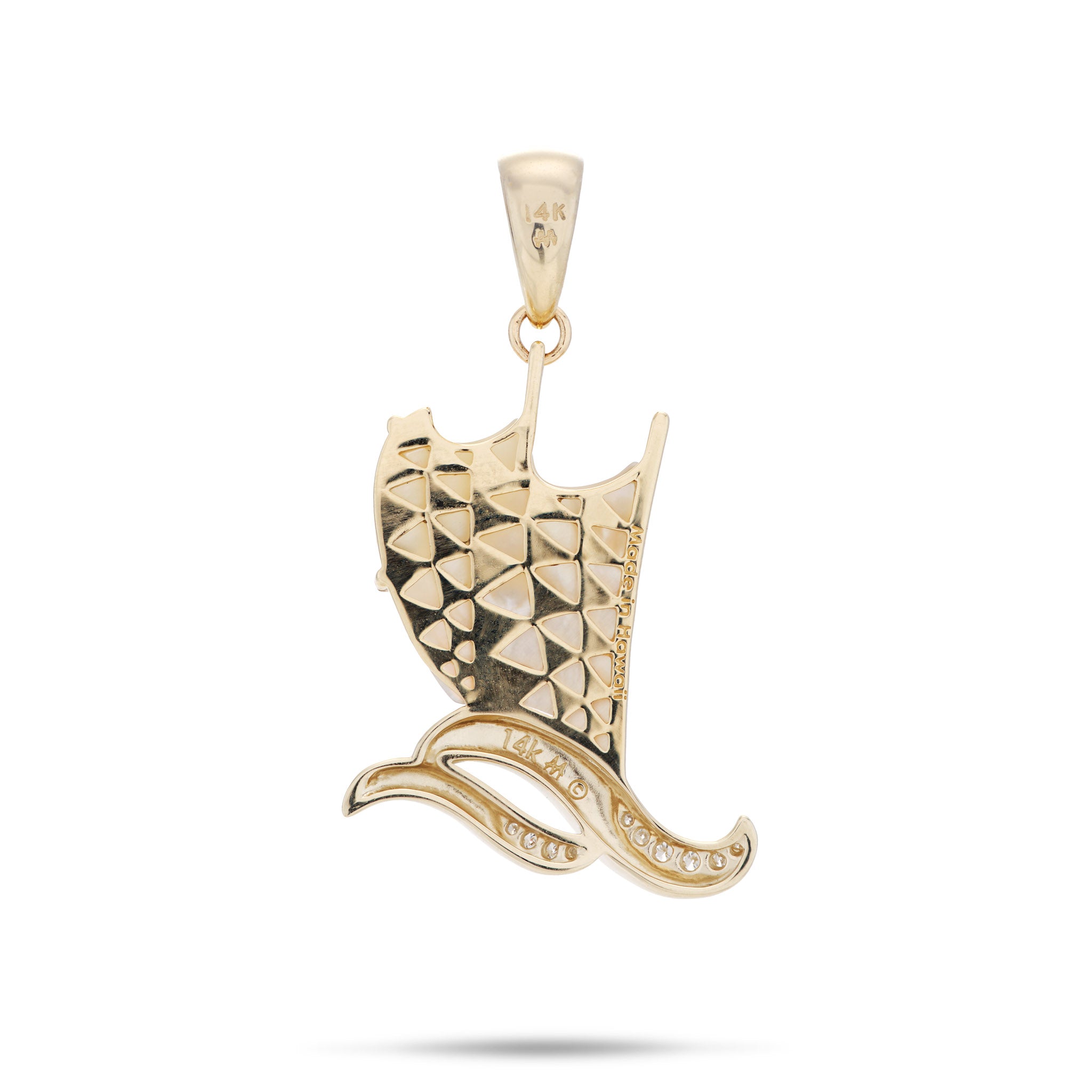Backside gold detail of Waʻa (canoe) pendant on white background