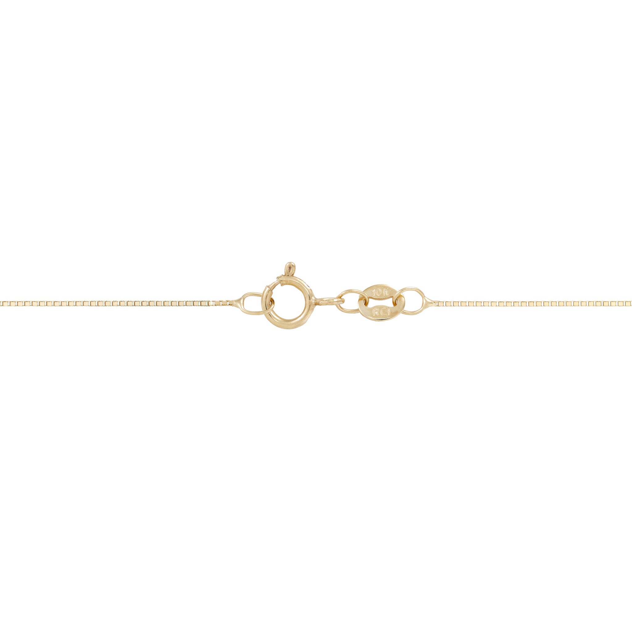 Detail of 0.6mm Box Chain in 10k Gold O-Ring clasp on white background