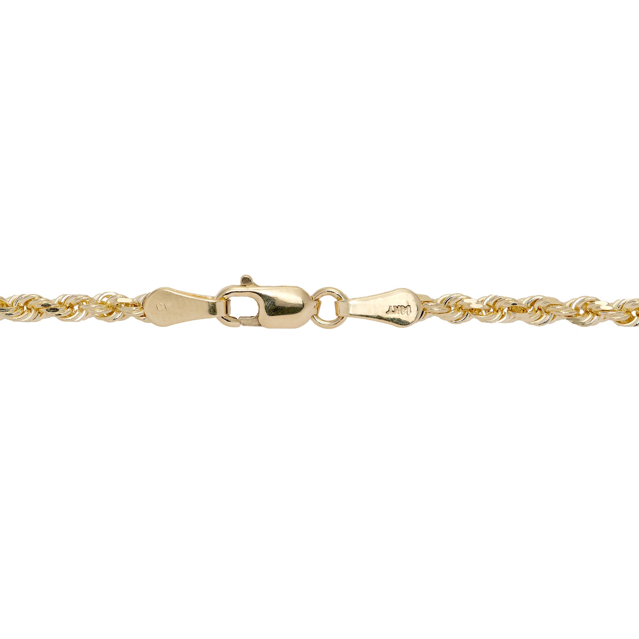 2.5mm Rope Chain in 14k Yellow Gold with Lobster Claw Clasp on white background