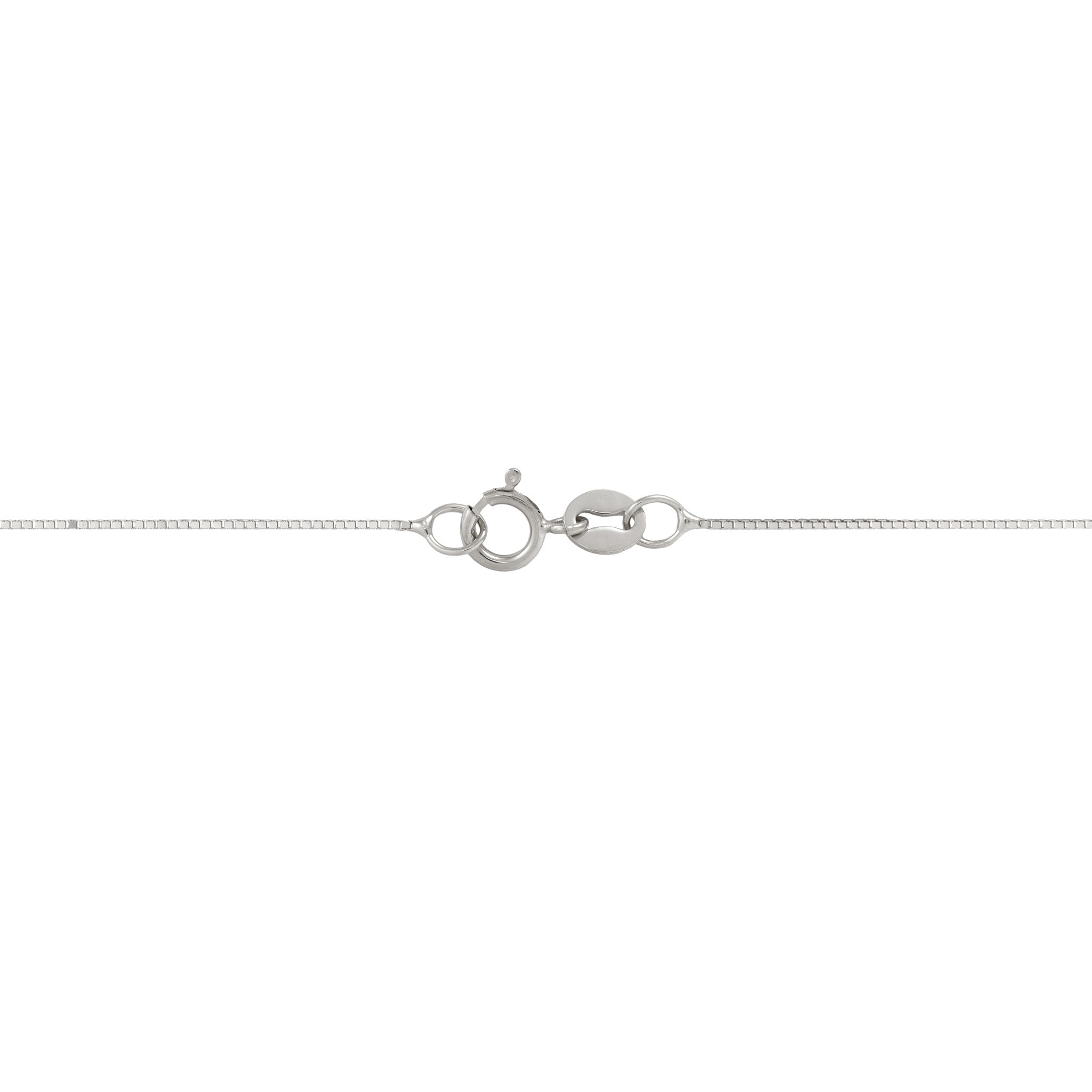 0.6mm Lite Box Chain in White Gold O-clasp on white background