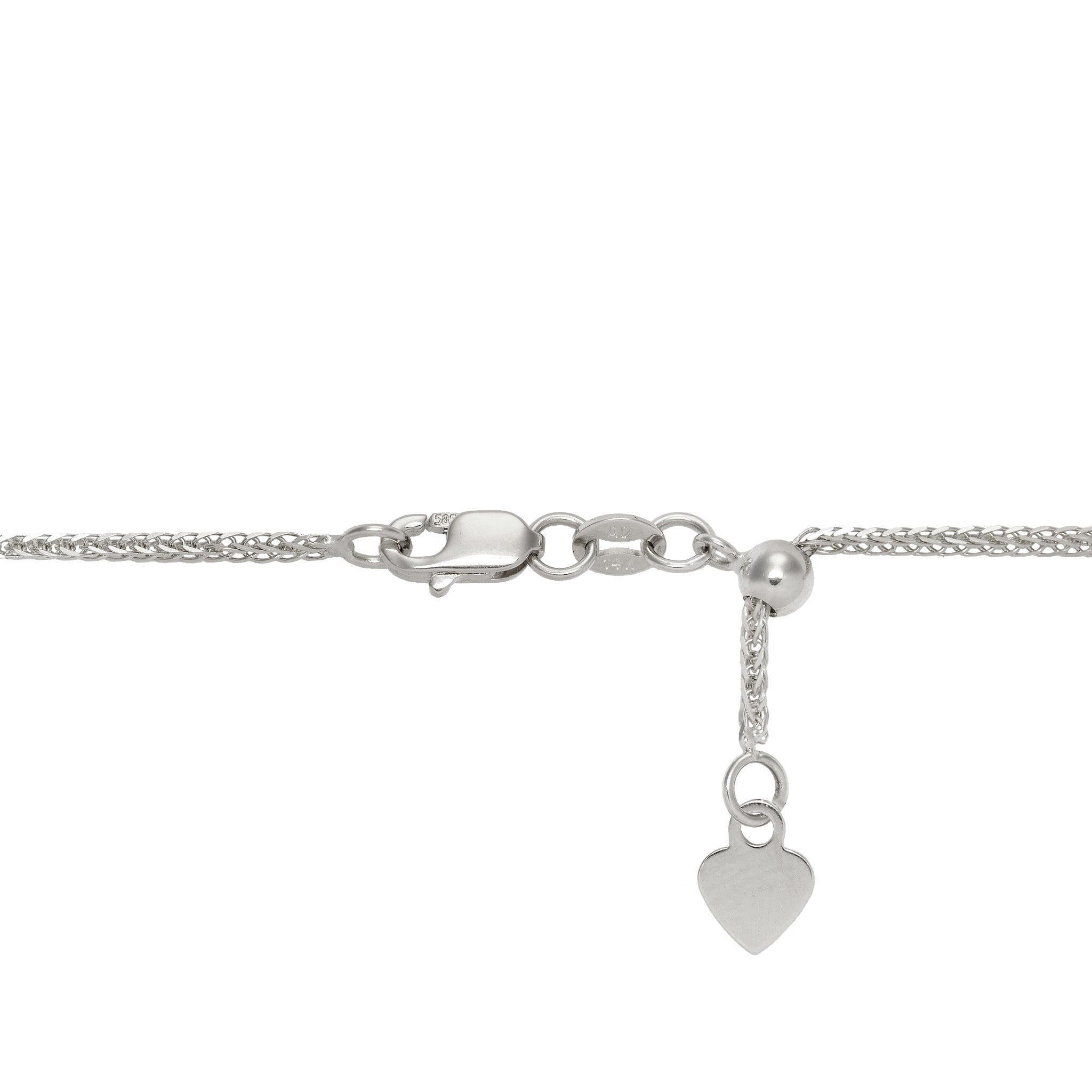 24" Adjustable 1.4mm Espiga Chain in White Gold with Lobster Claw Clasp and Adjustable Ball on white background