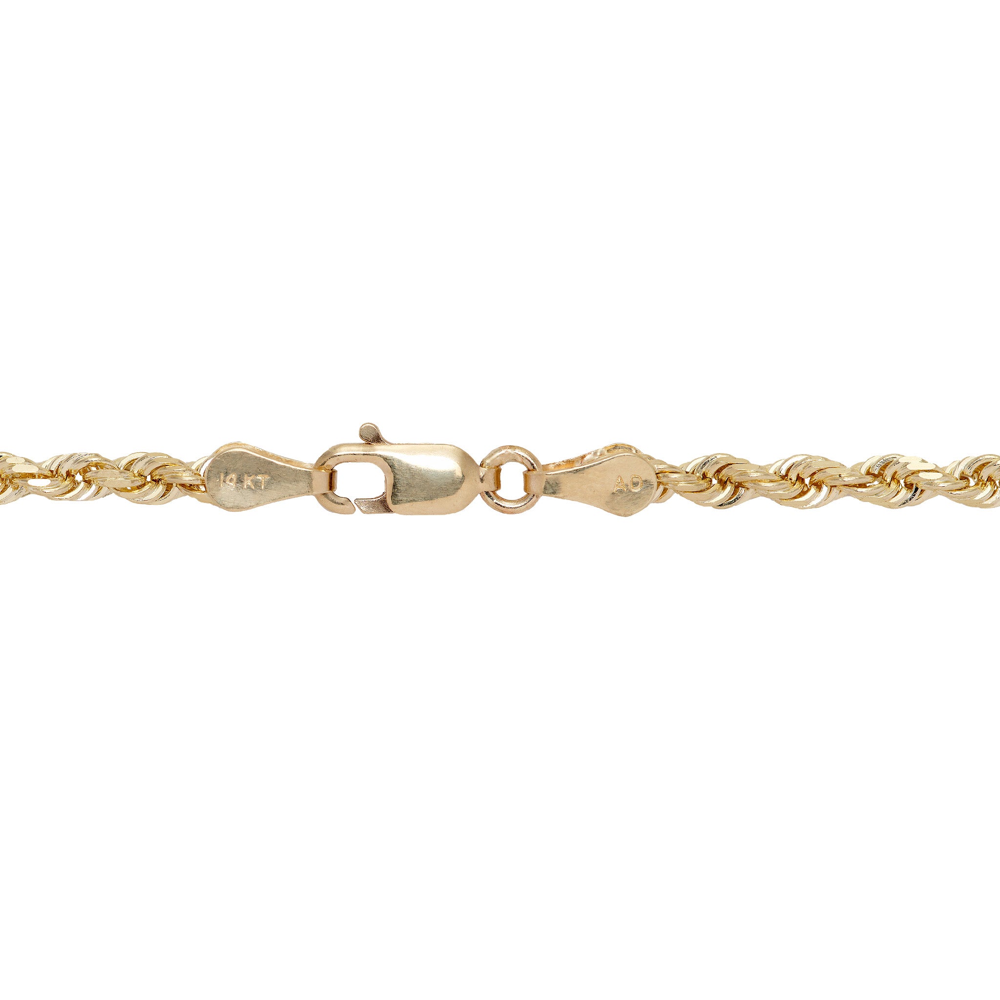 3mm Rope Chain in 14k Yellow Gold with Lobster Claw Clasp on a white background