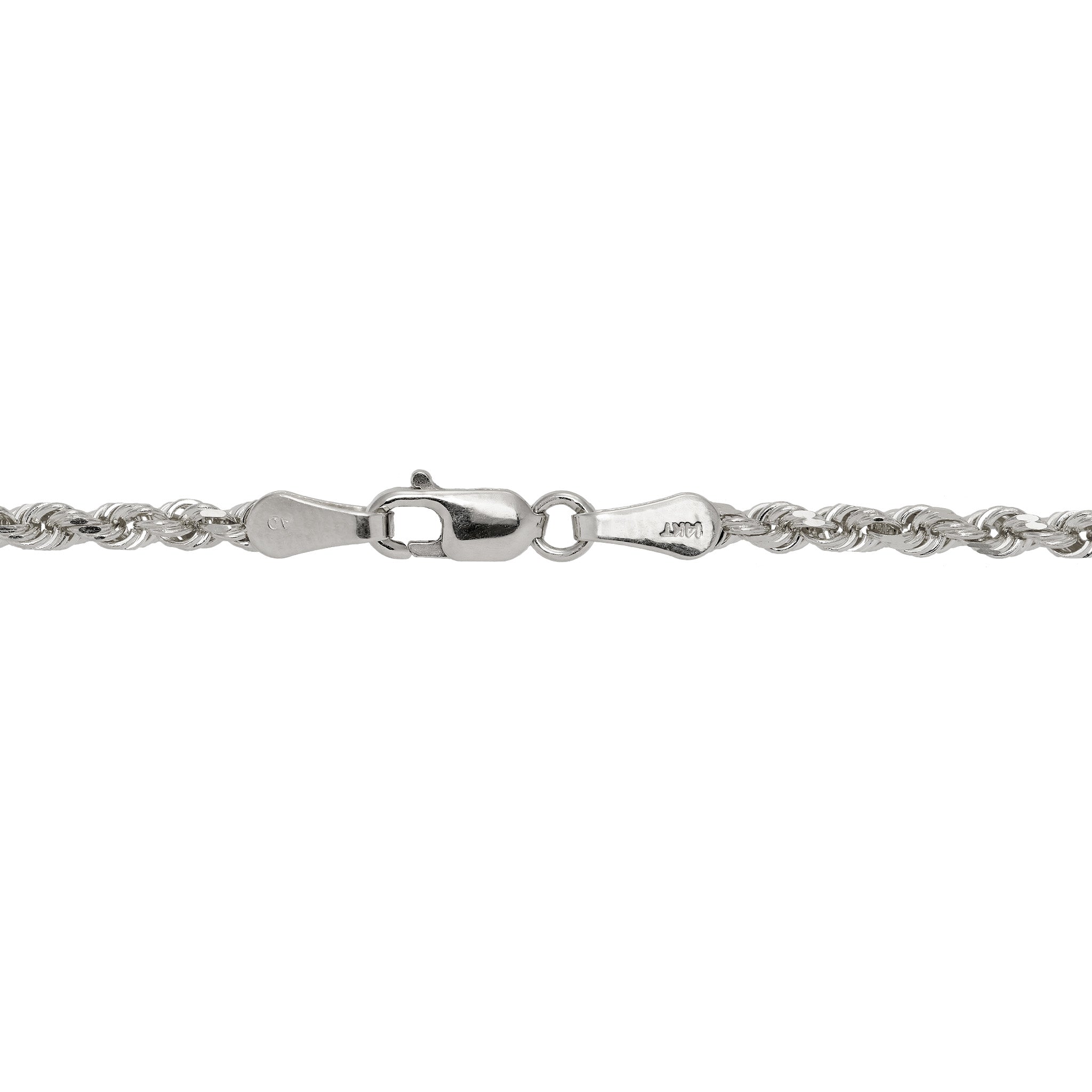 2.5mm Rope Chain in 14k White Gold with Lobster Claw Clasp on a white background