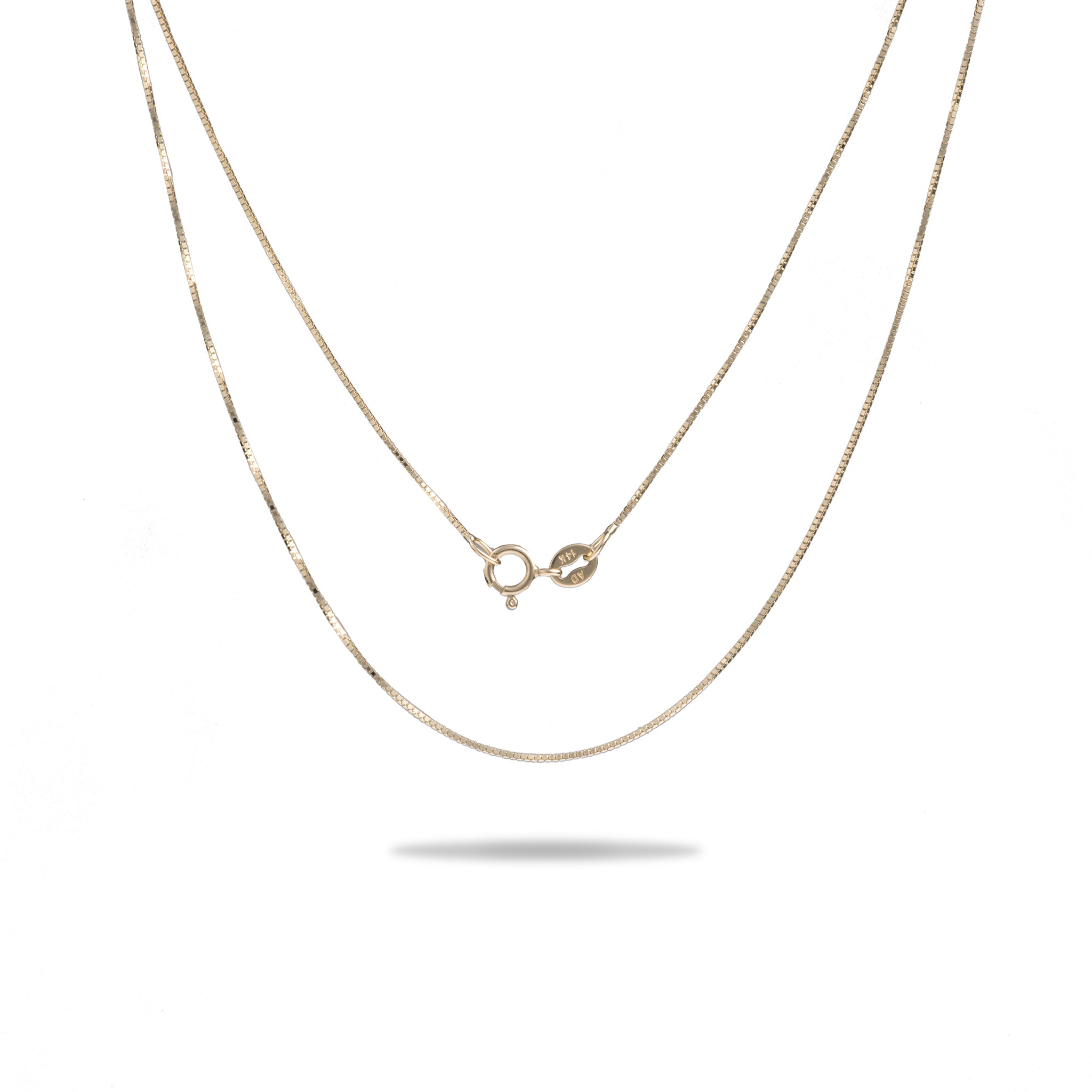 0.6mm Lite Box Chain in Gold on white background - Maui Divers Jewelry