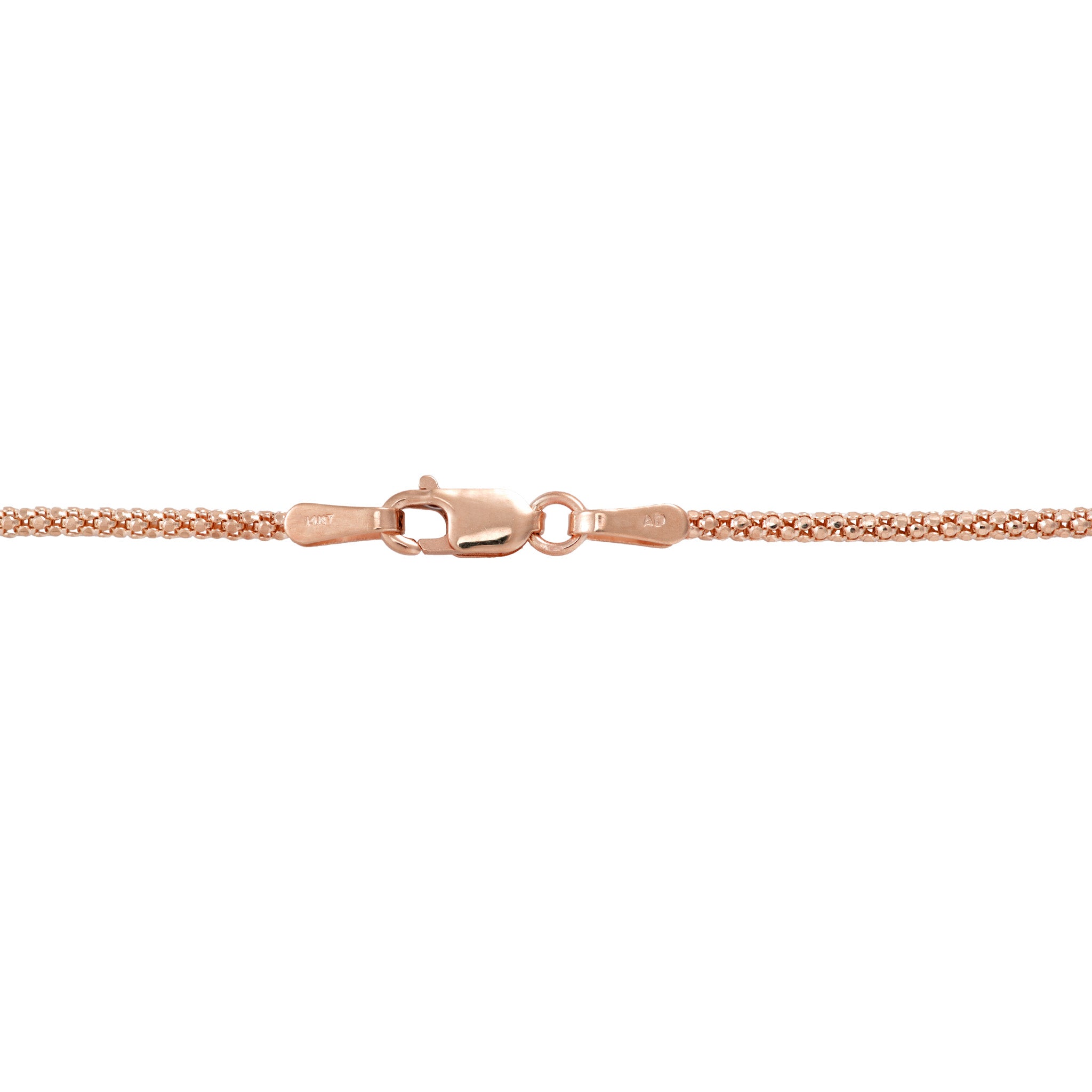 1.6mm Popcorn Chain in 14k Rose Gold Lobster Claw Clasp on a white background