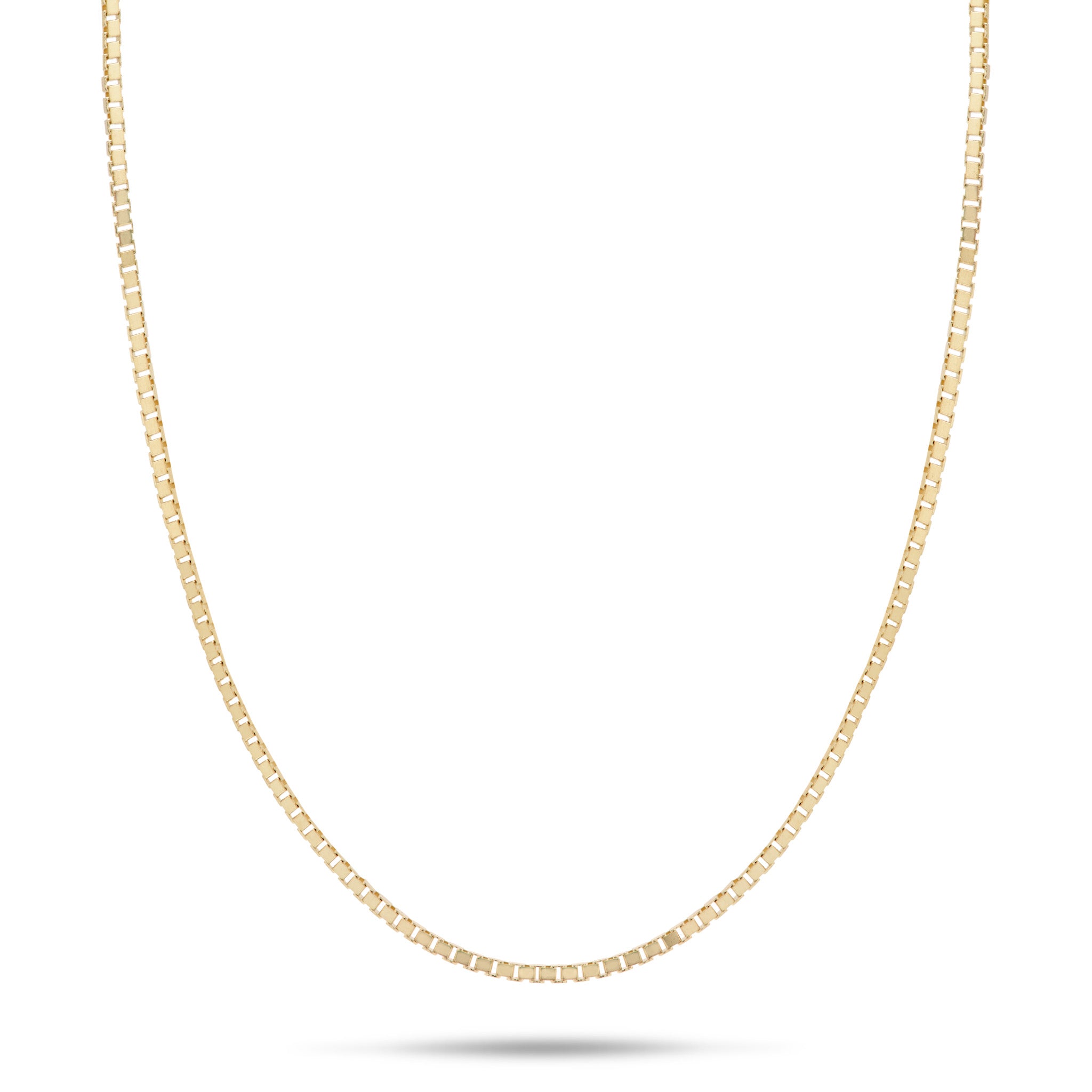 0.85mm Box Chain in 14k Yellow Gold on a white background