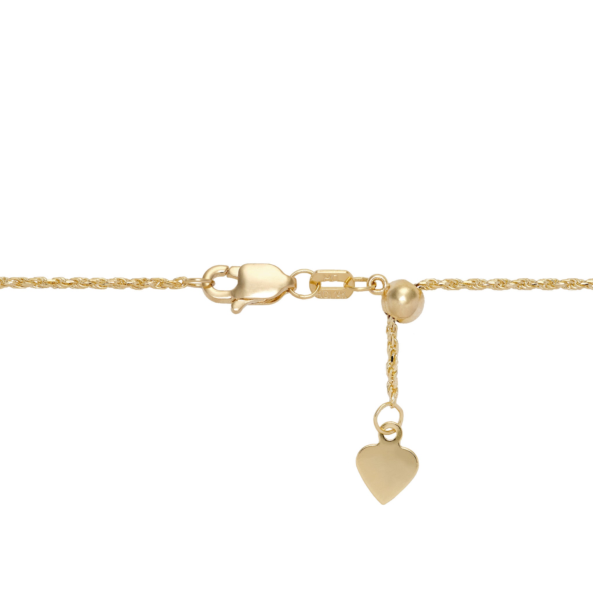 1.0mm Rope Chain in 14k Yellow Gold with Lobster Claw Clasp and Adjustable Ball Mechanism on a white background
