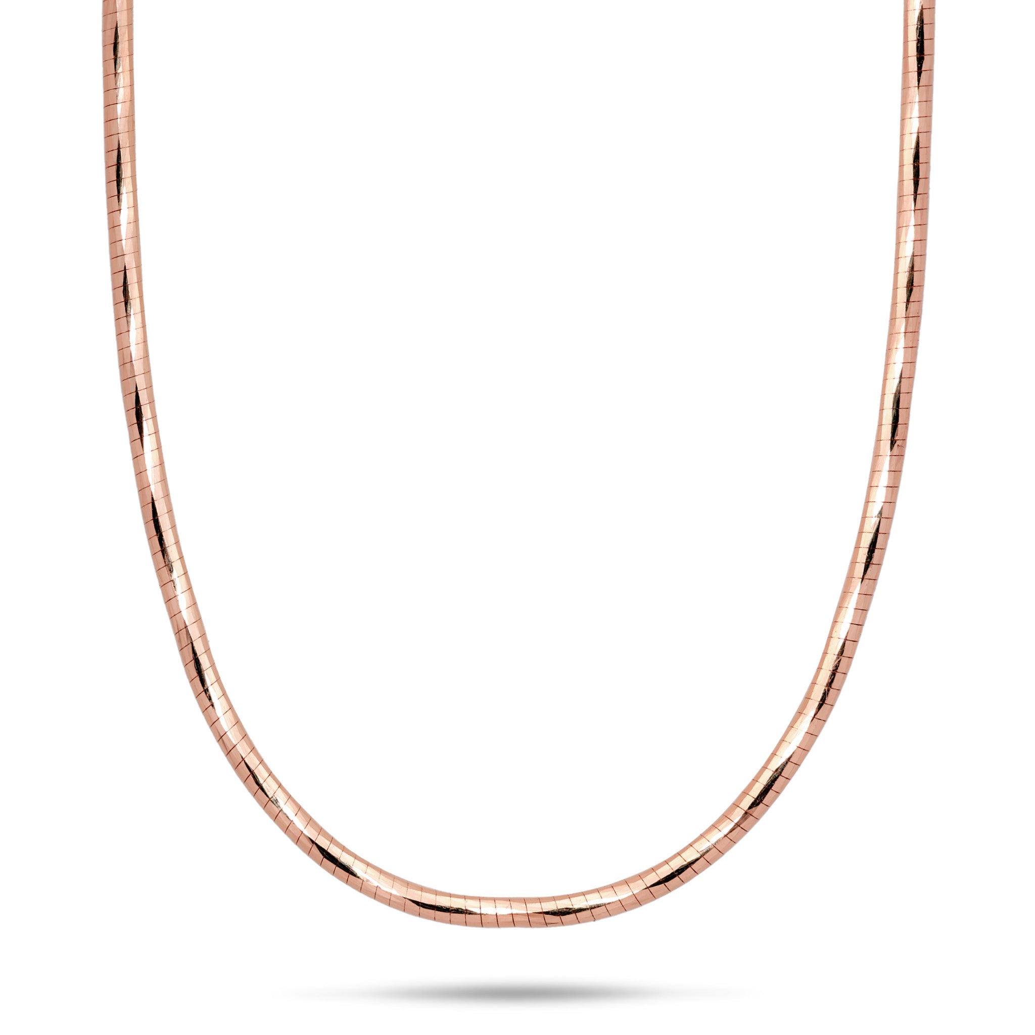 1.5mm Round Omega Chain in 14k Rose Gold on a white background