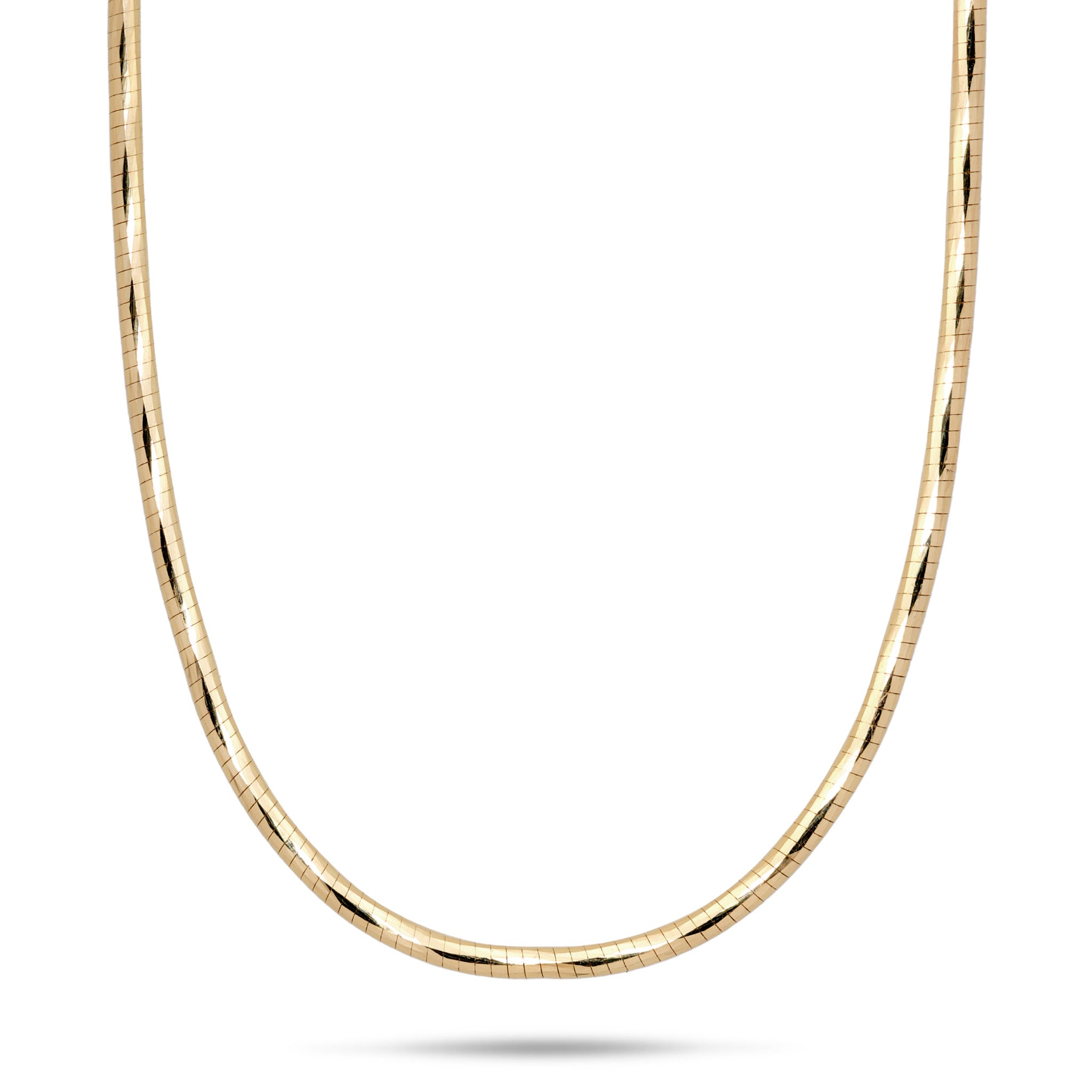1.5mm Round Omega Chain in 14k Yellow Gold on a white background
