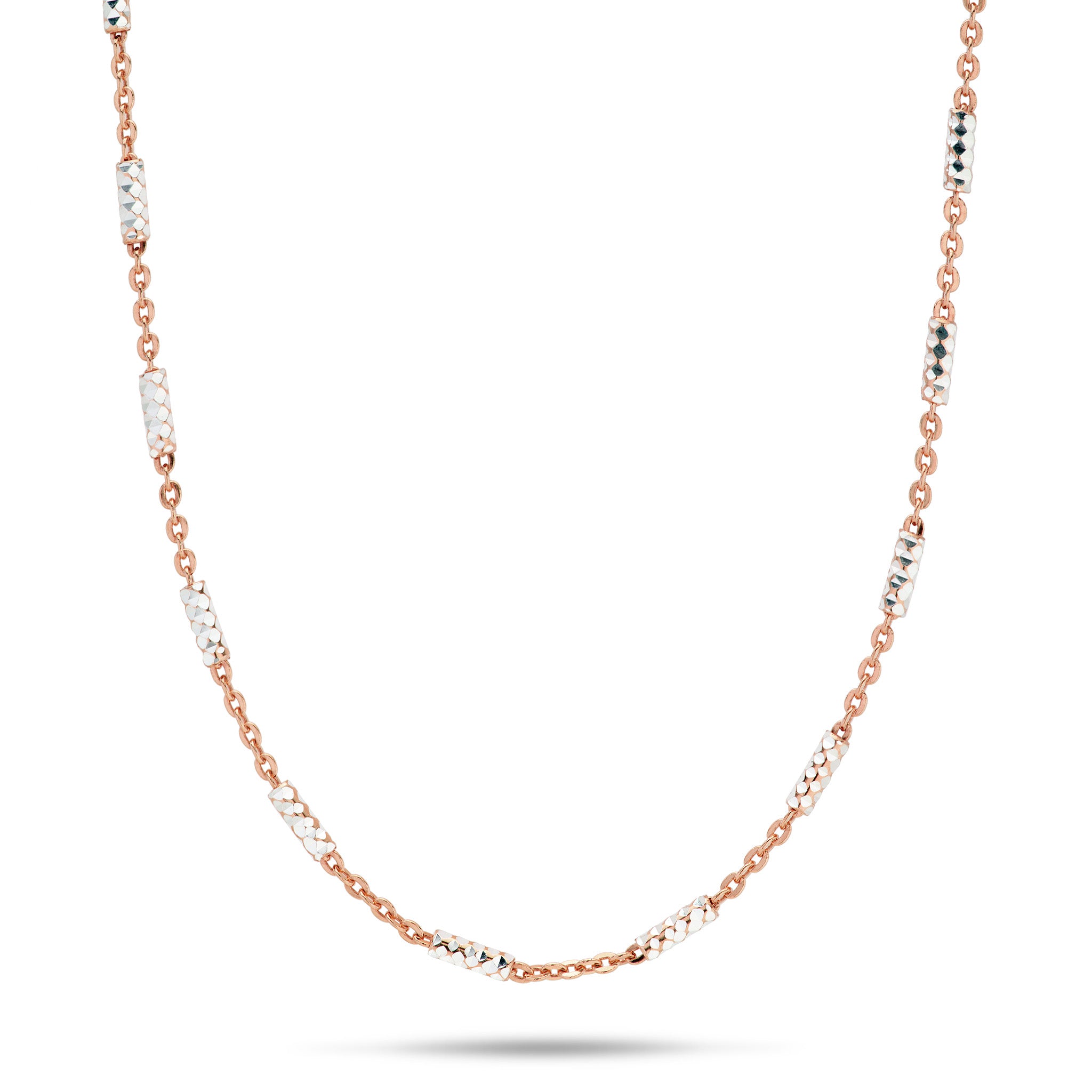 1.0mm Tube Chain in Rose Gold and Sterling Silver on a white background