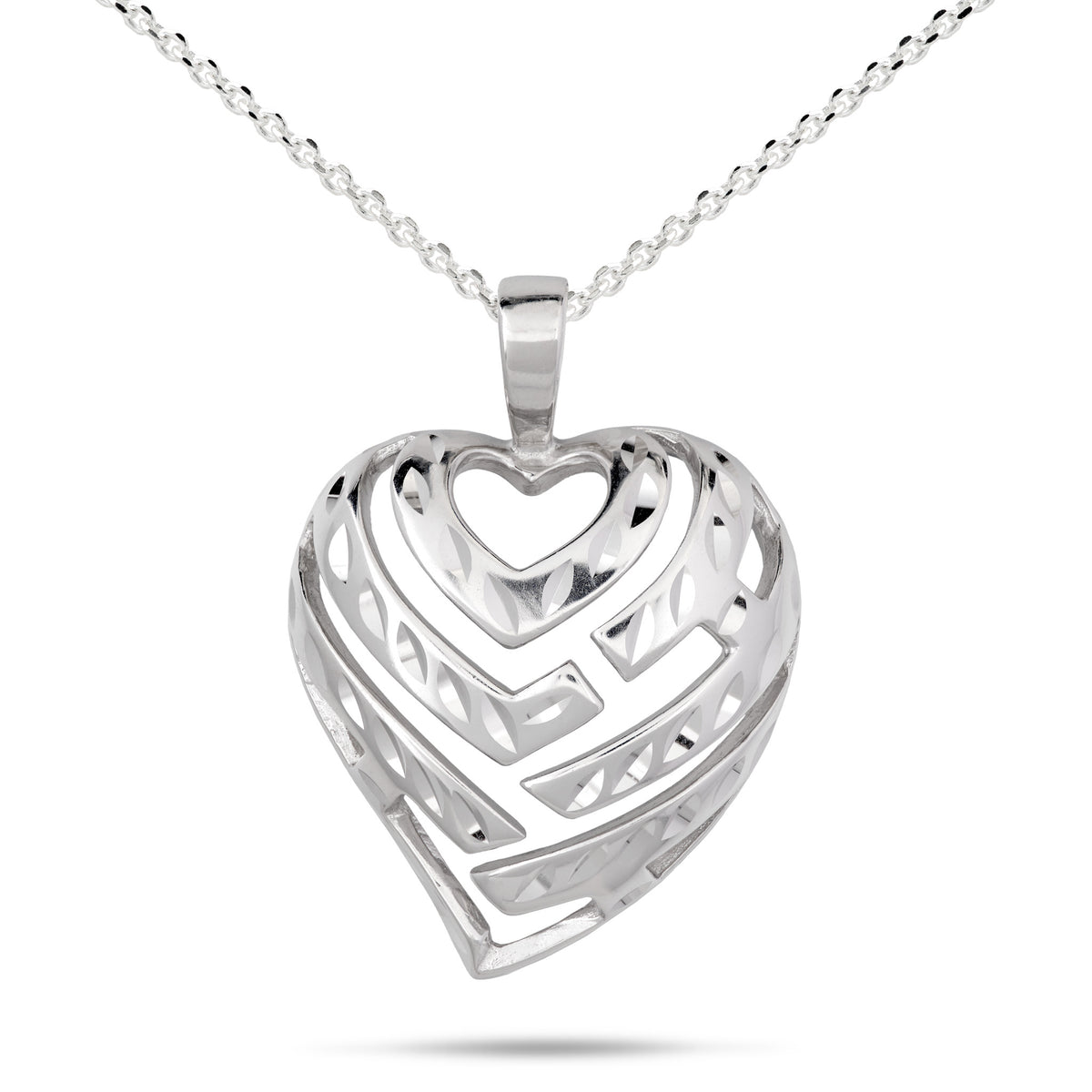 A sterling silver heart pendant iwth a cut-out 'Aloha' design with diamond-cuts on a cable chain, shown on a white background
