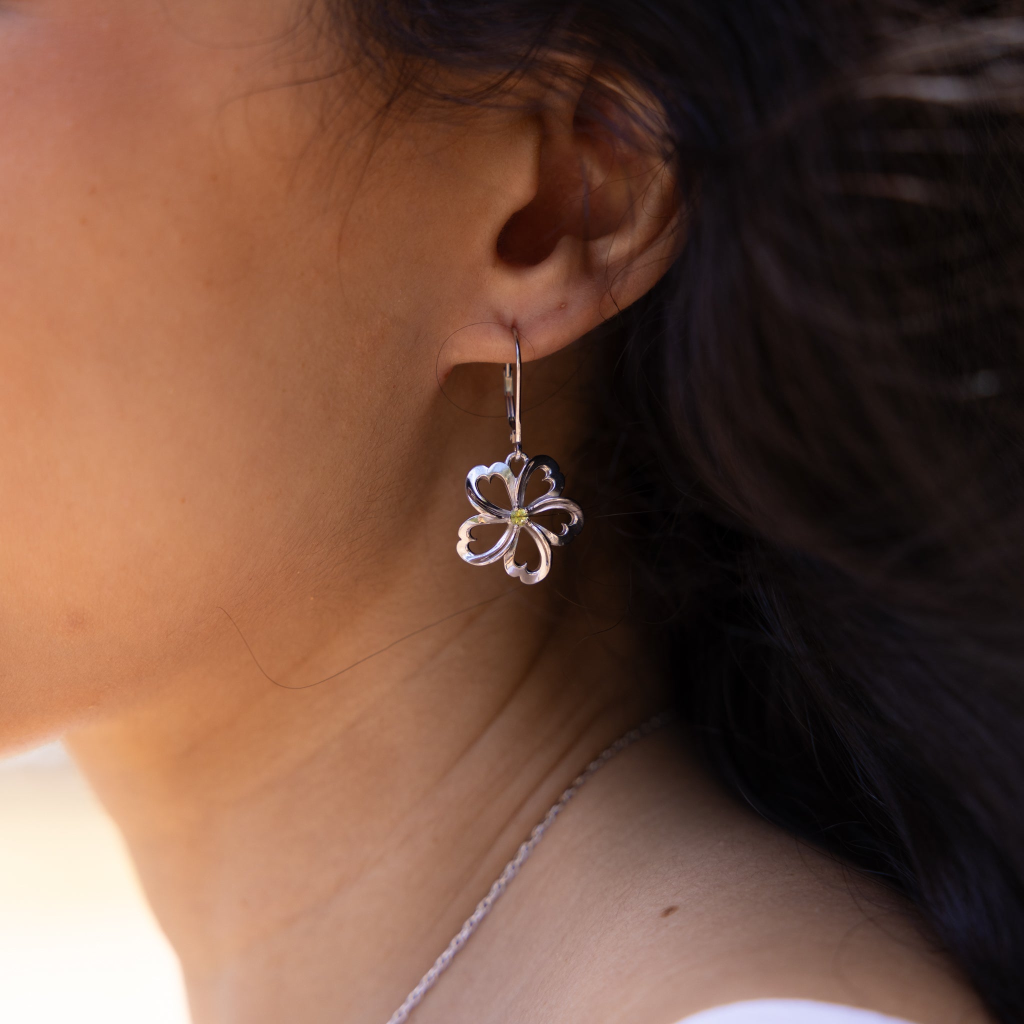 Plumeria Peridot Earrings in Sterling Silver - 18mm