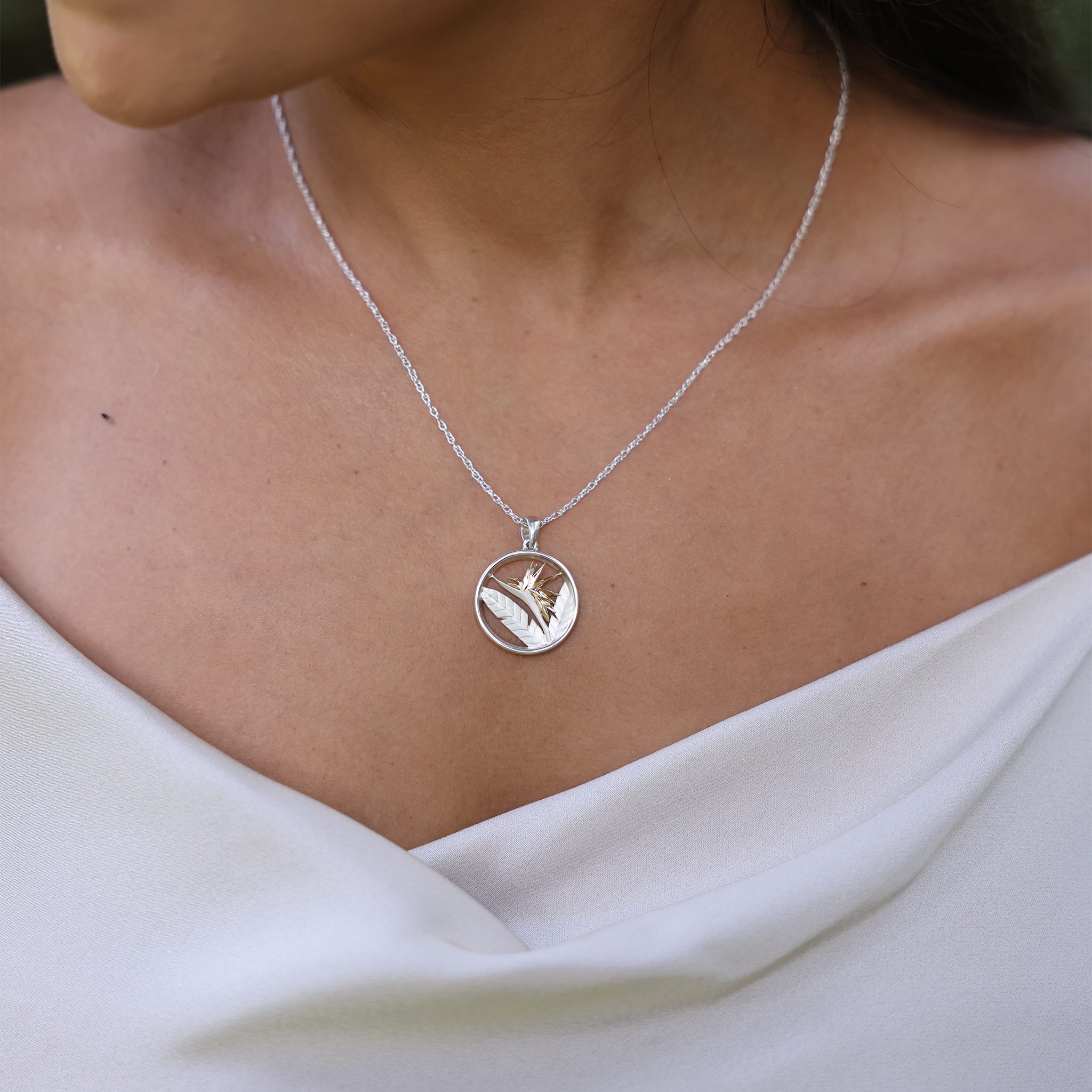 Birds of Paradise Pendant Necklace in Sterling Silver & Gold - 22mm