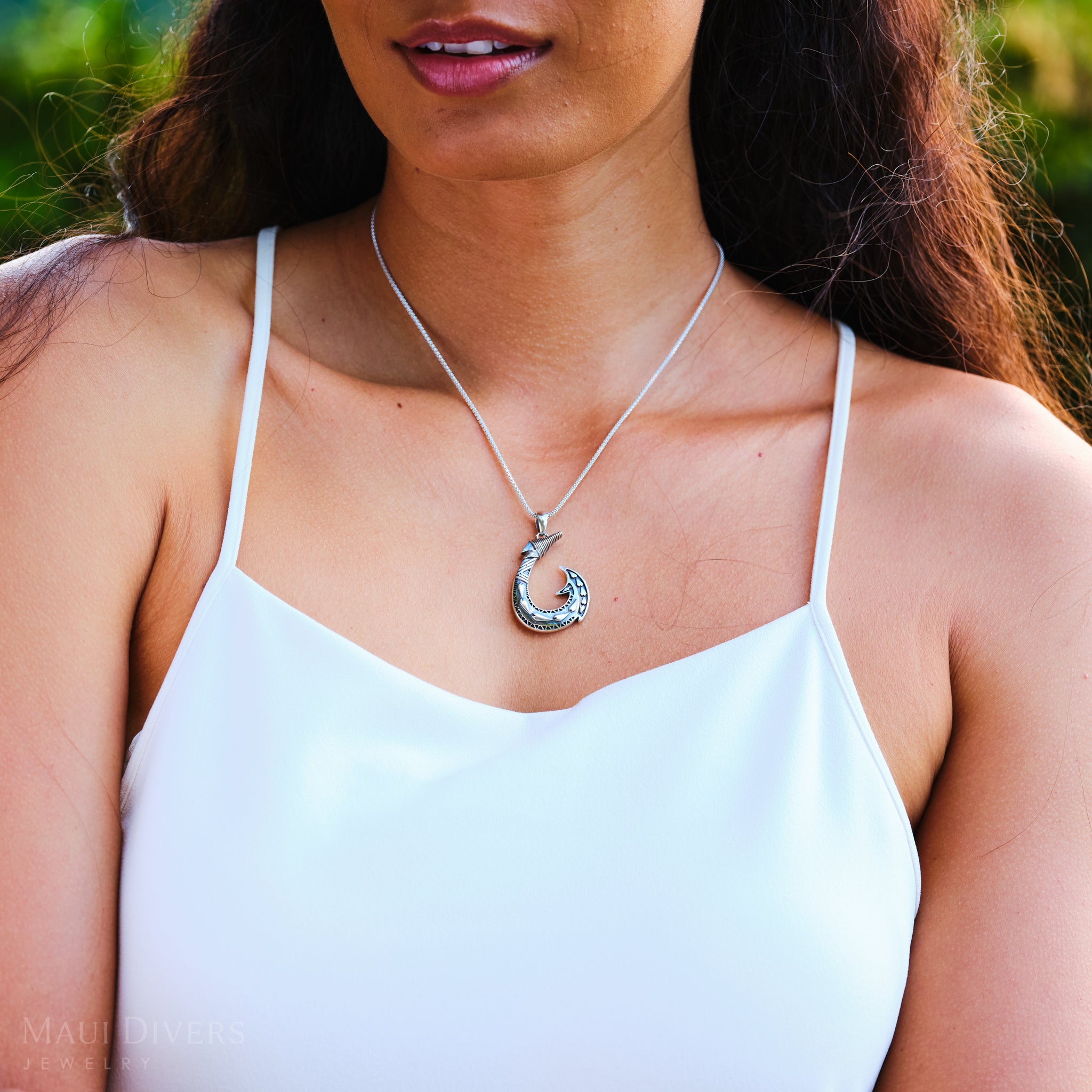 Fish Hook Pendant in Sterling Silver - 40mm