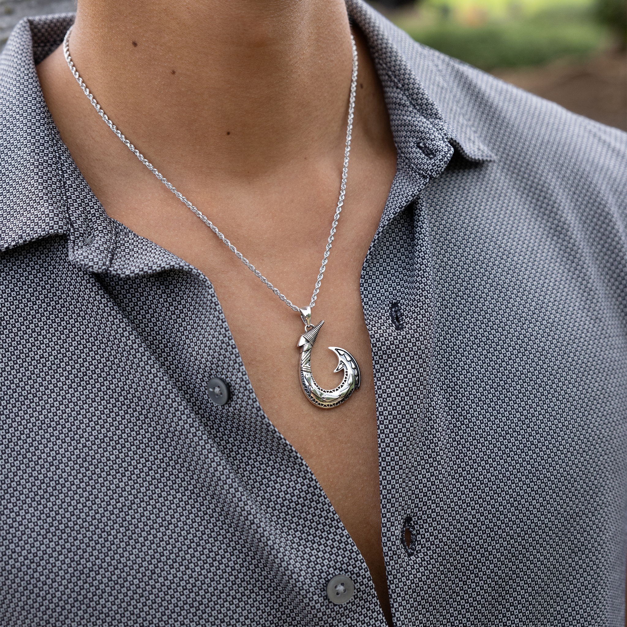 Fish Hook Pendant in Sterling Silver - 40mm