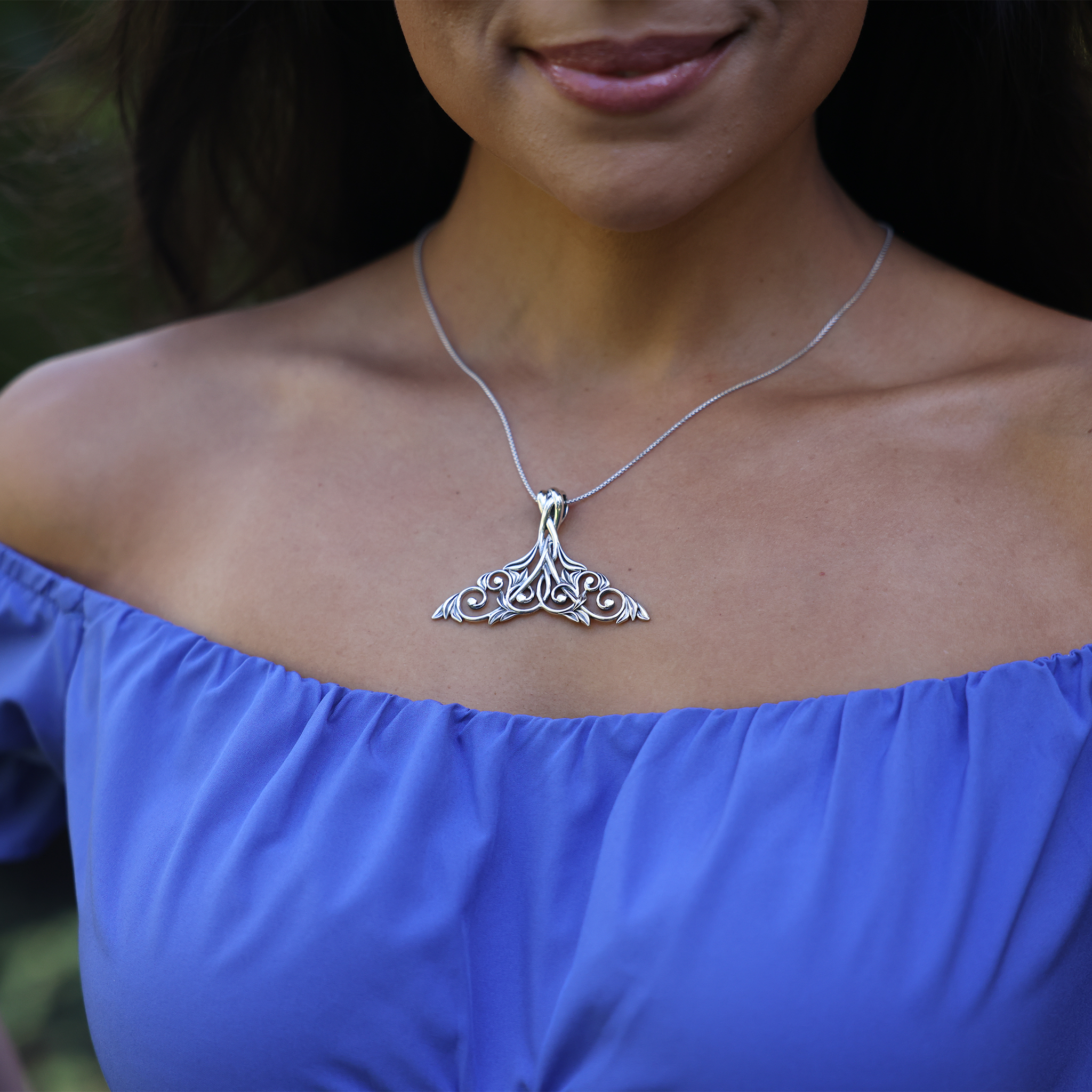 Living Heirloom Whale Tail Pendant in Sterling Silver - 42mm