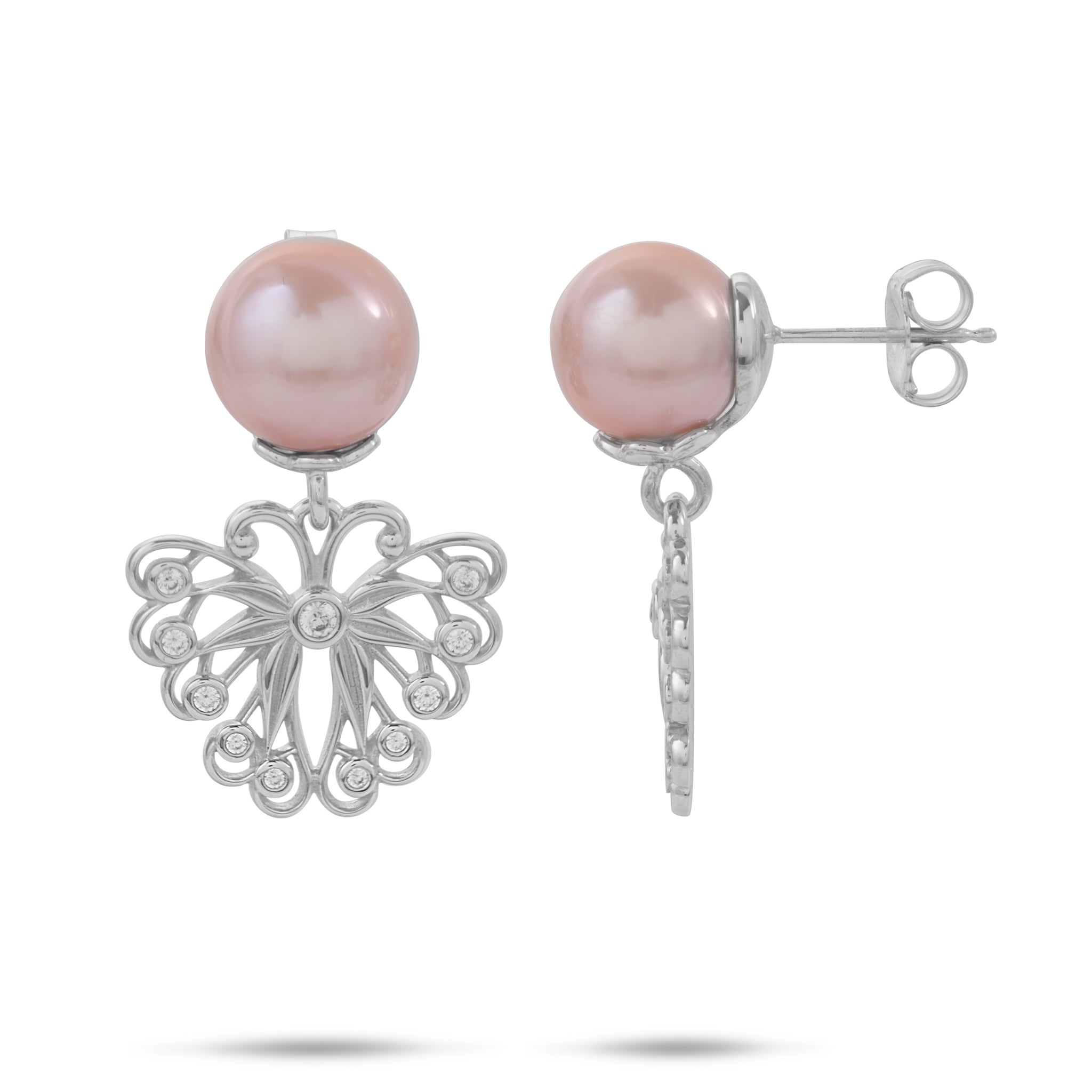 Pulelehua (Butterfly) Freshwater Pearl Earrings in Sterling Silver with Cubic Zirconia - 9-10mm