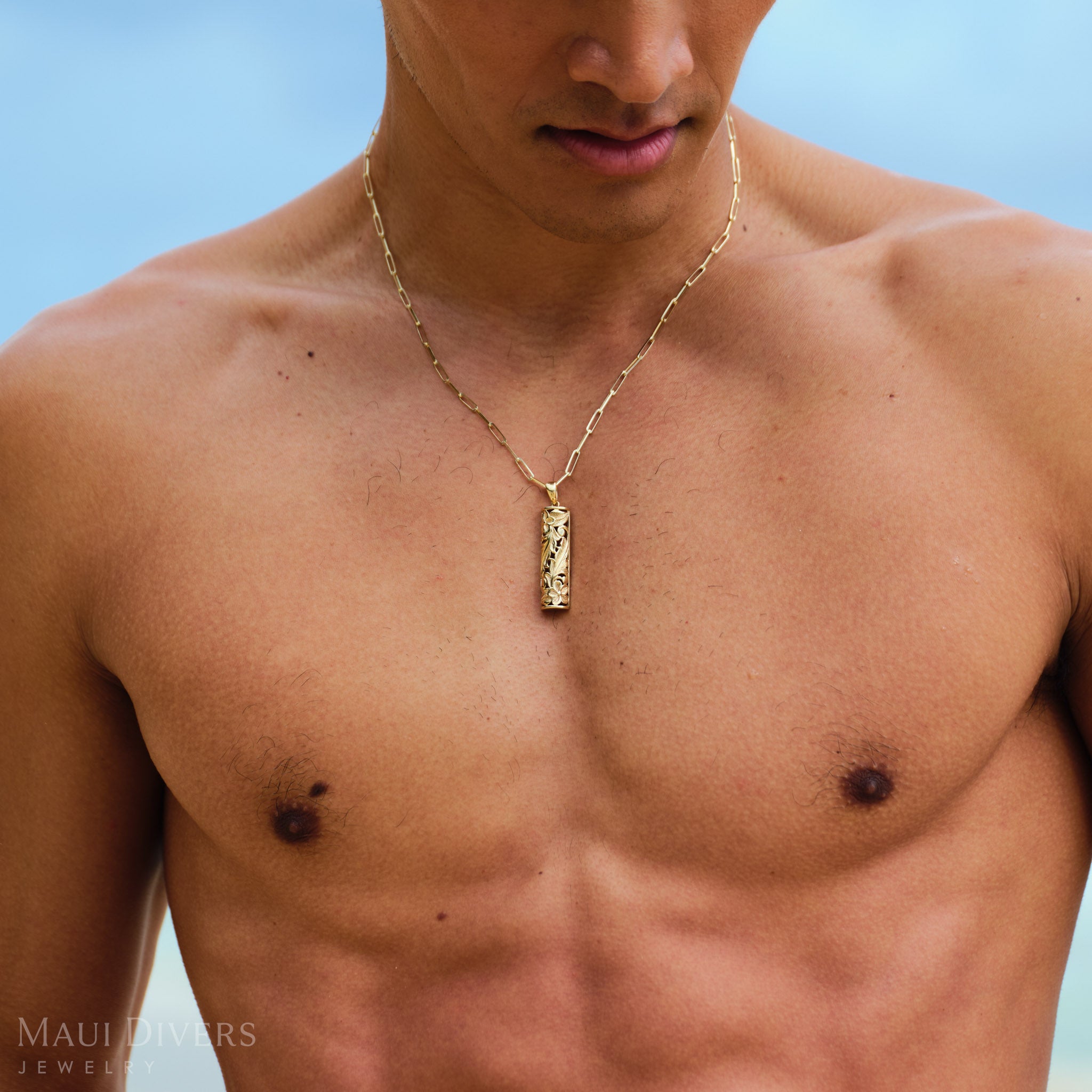Man wearing a Hawaiian Heirloom Plumeria Pendant in Gold on a Paperclip Chain with a blue sky background