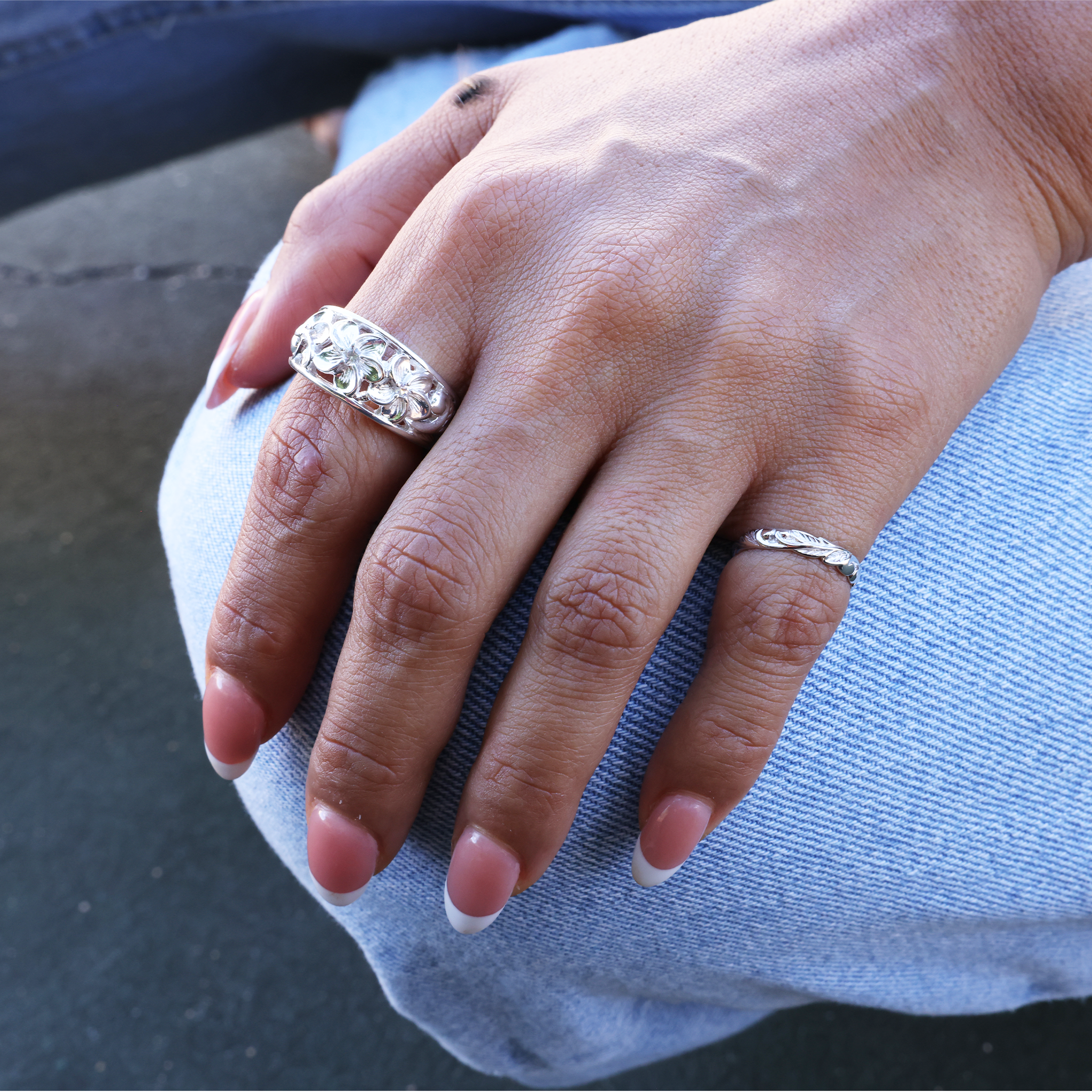 Hawaiian Heirloom Old English Scroll Ring in White Gold - 3mm on Model's Pinky Finger