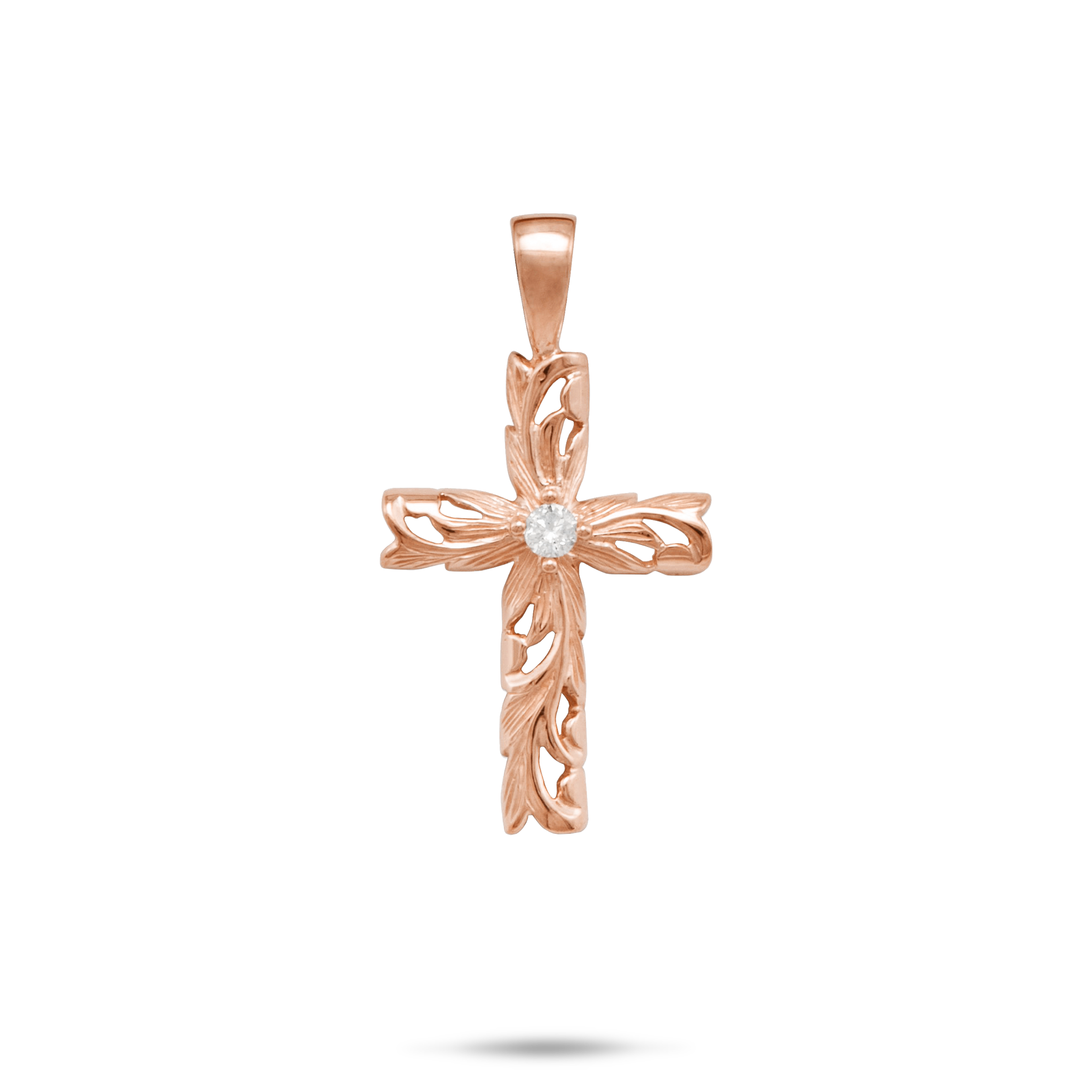 Hawaiian Heirloom Old English Scroll Cross Pendant in Rose Gold with Diamond - 30mm