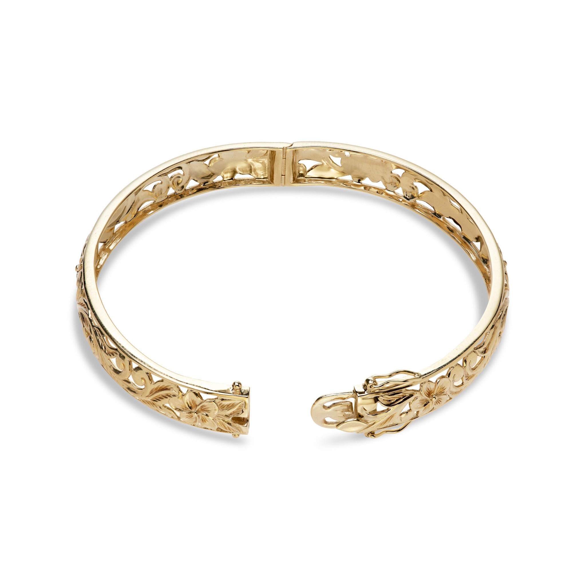 Hawaiian Hinge Bracelet in Gold showcasing the opening view on a white background