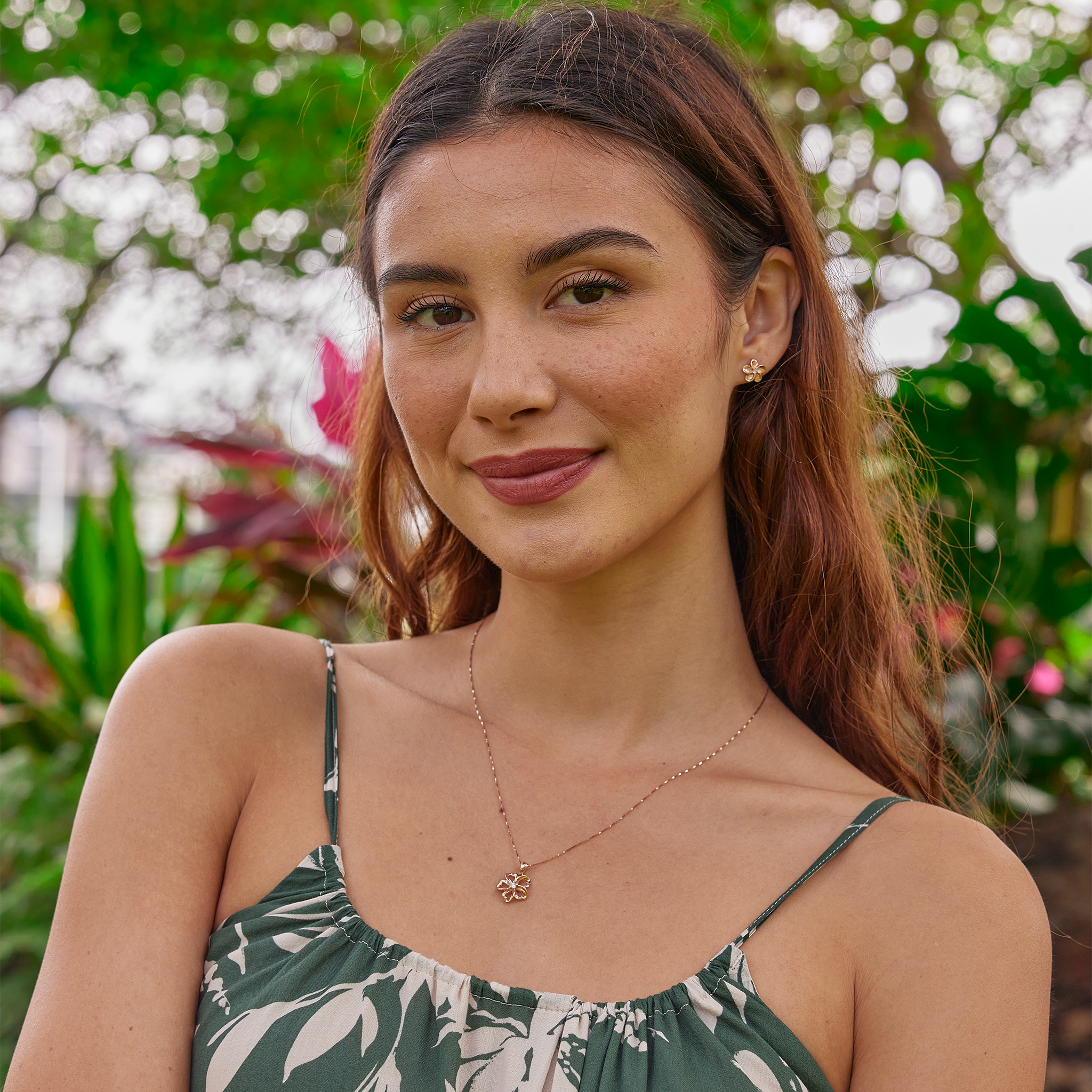 Hawaiian Heirloom Plumeria Earrings in Rose Gold with Diamonds - 9mm